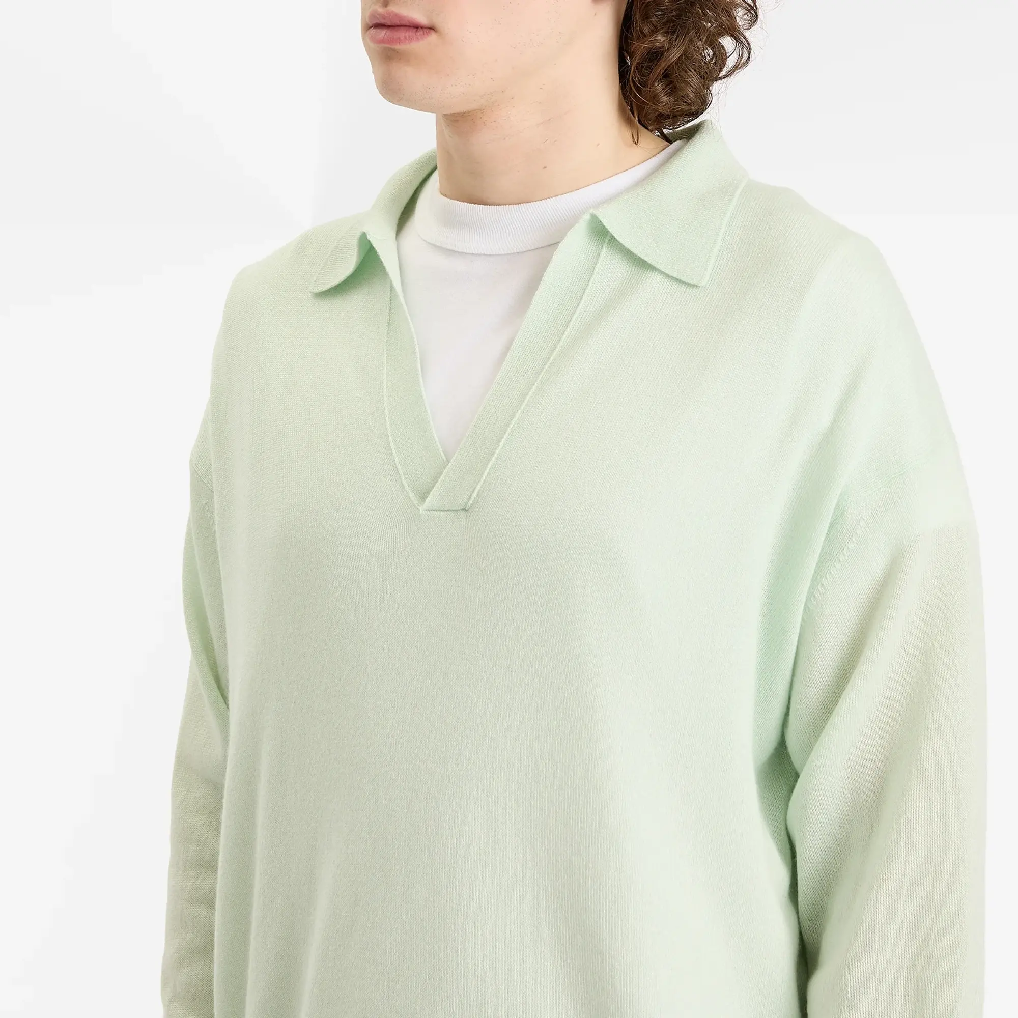 Auralee Men's Super Fine Cashmere Silk Knit Skipper Polo White Green