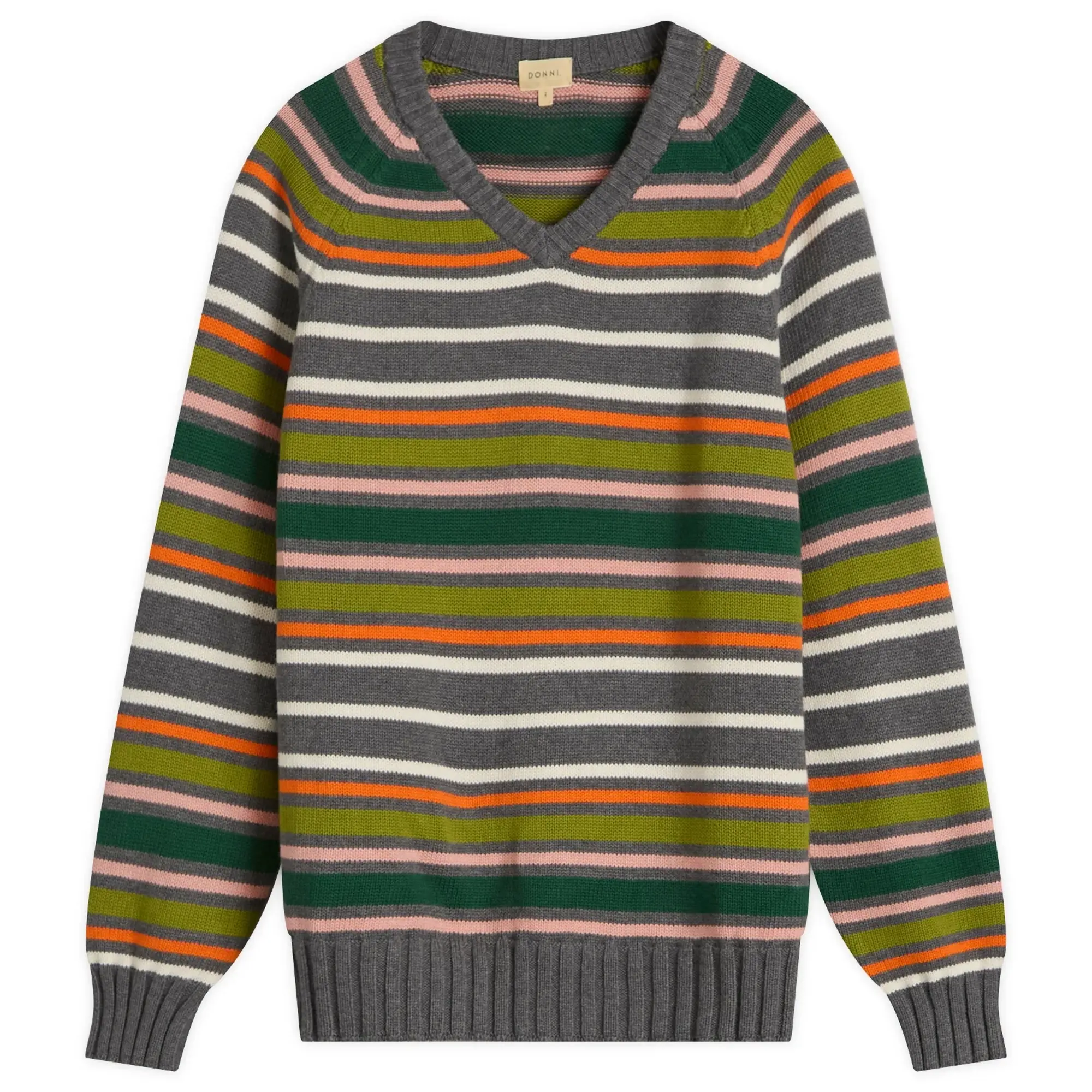 DONNI. Women's Cotton Cashmere Stripe V-Neck Jumper Charcoal Grey