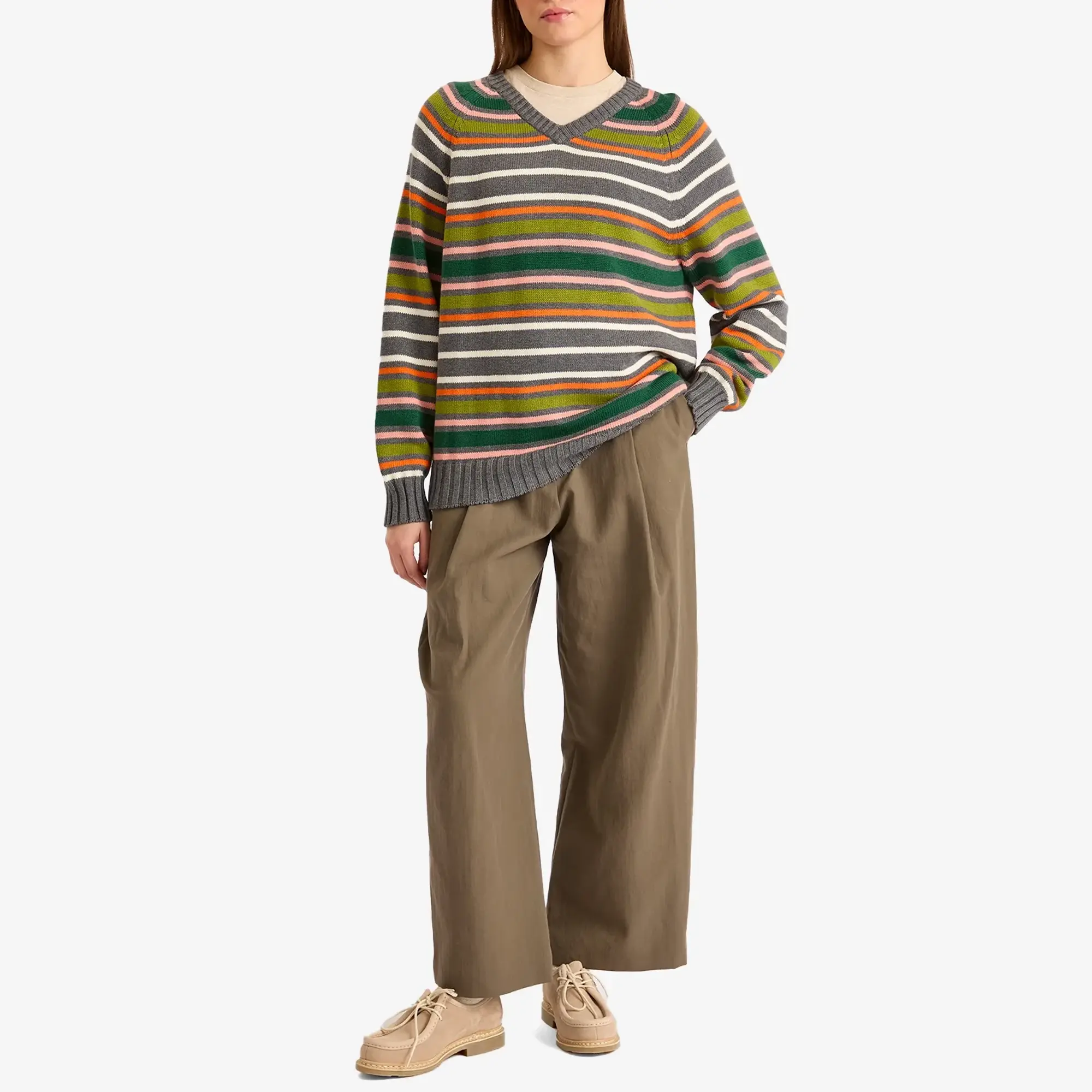 DONNI. Women's Cotton Cashmere Stripe V-Neck Jumper Charcoal Grey