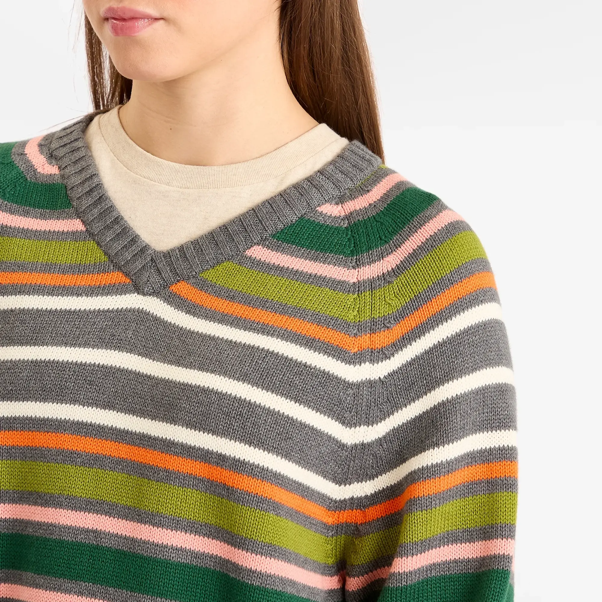 DONNI. Women's Cotton Cashmere Stripe V-Neck Jumper Charcoal Grey