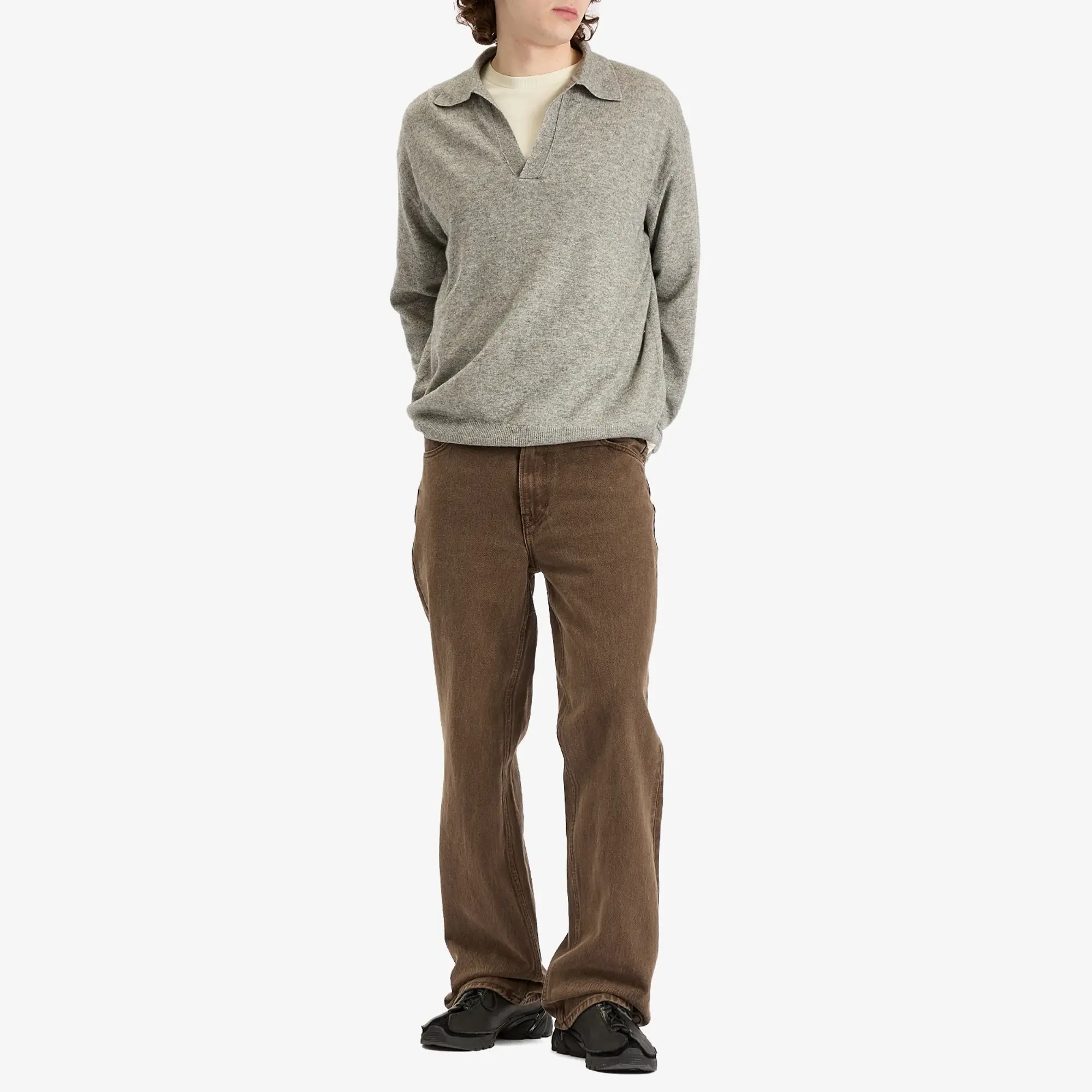 Auralee Men's Super Fine Cashmere Silk Knit Skipper Polo Top Grey