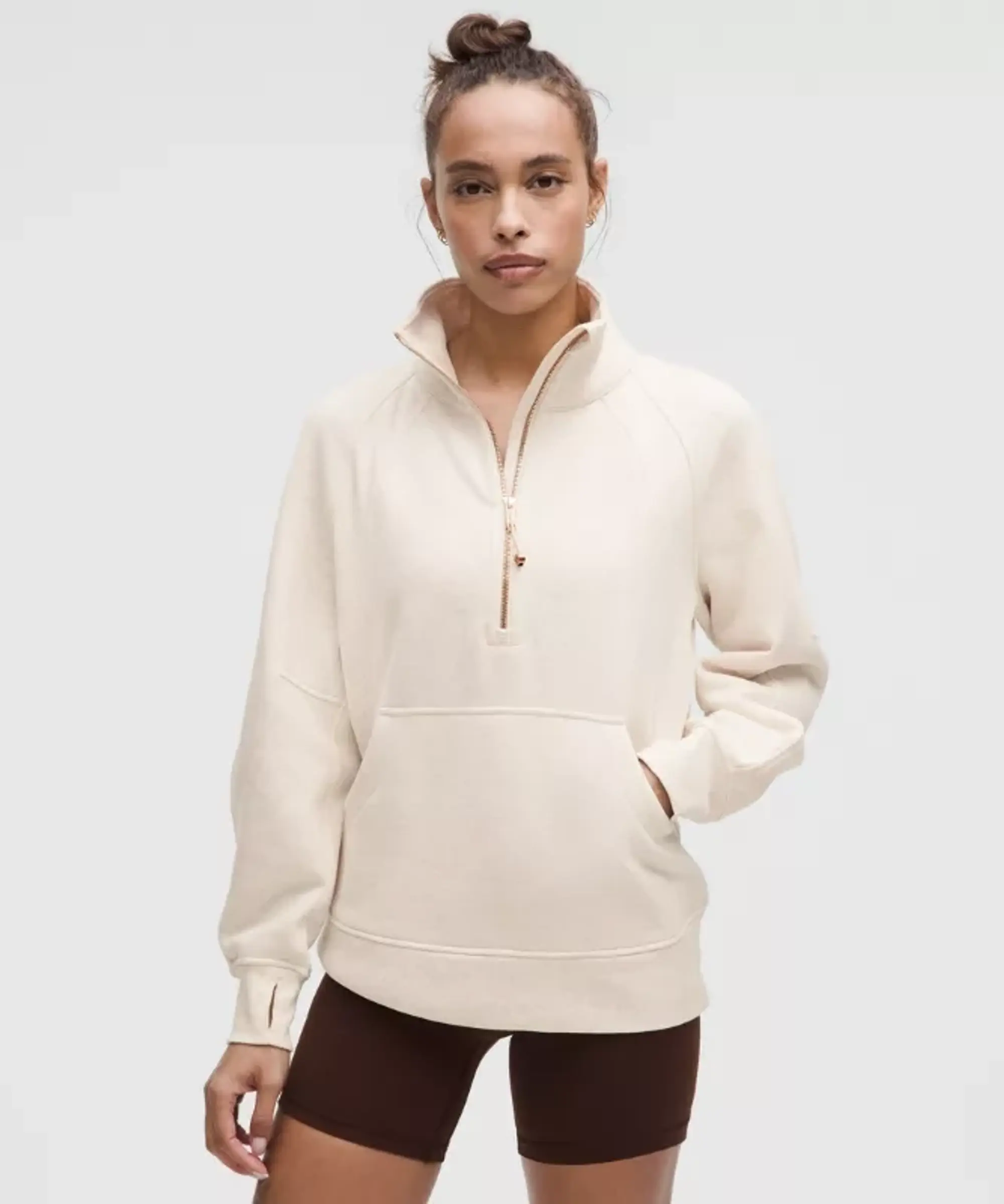 lululemon IE lululemon – Women's Scuba Oversized Funnel-Neck Half Zip Sweatshirt Long – Color Gold/Khaki/White – Size XS/S