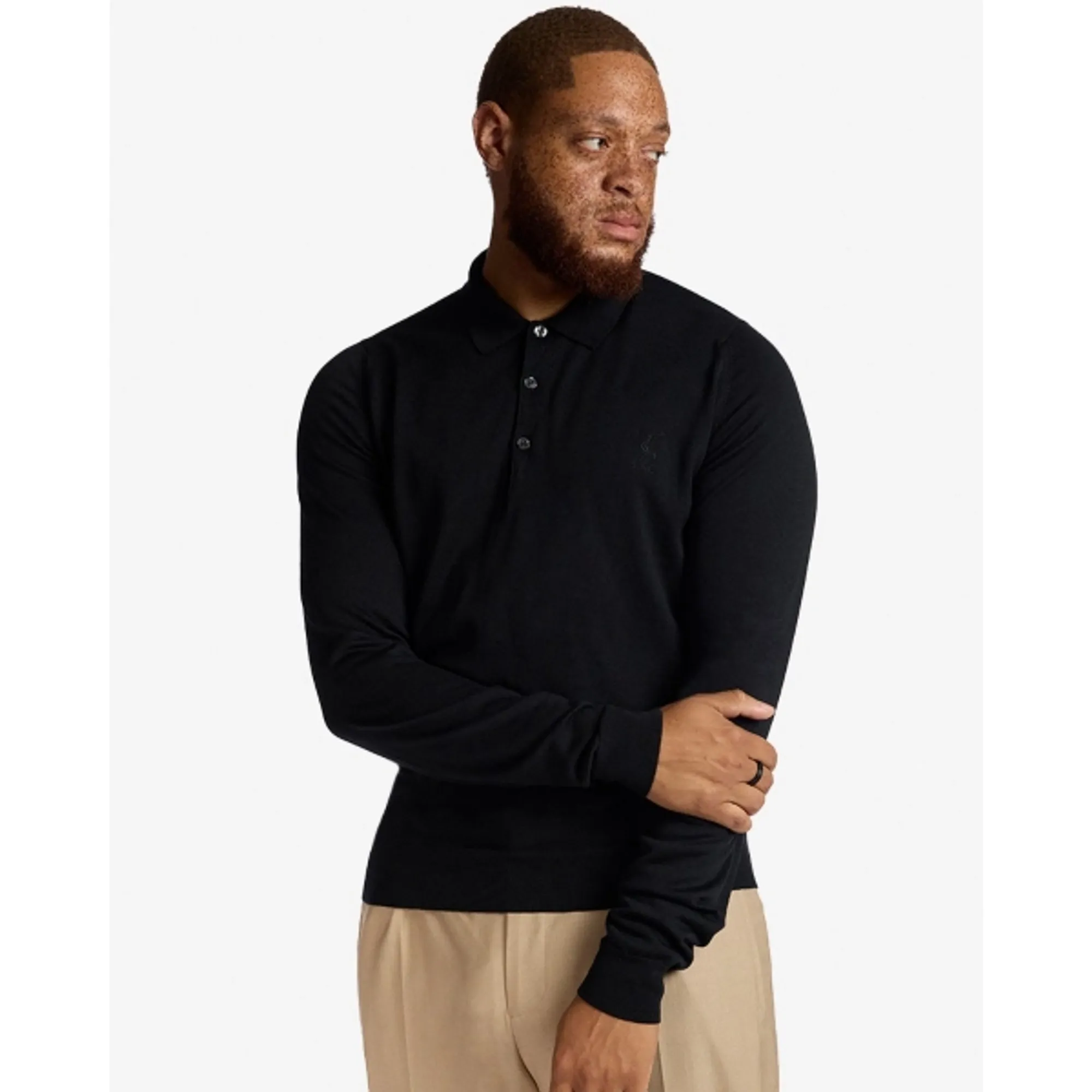 Liverpool FC LFC X John Smedley Mens Long Sleeve Button Neck Polo Shirt Black