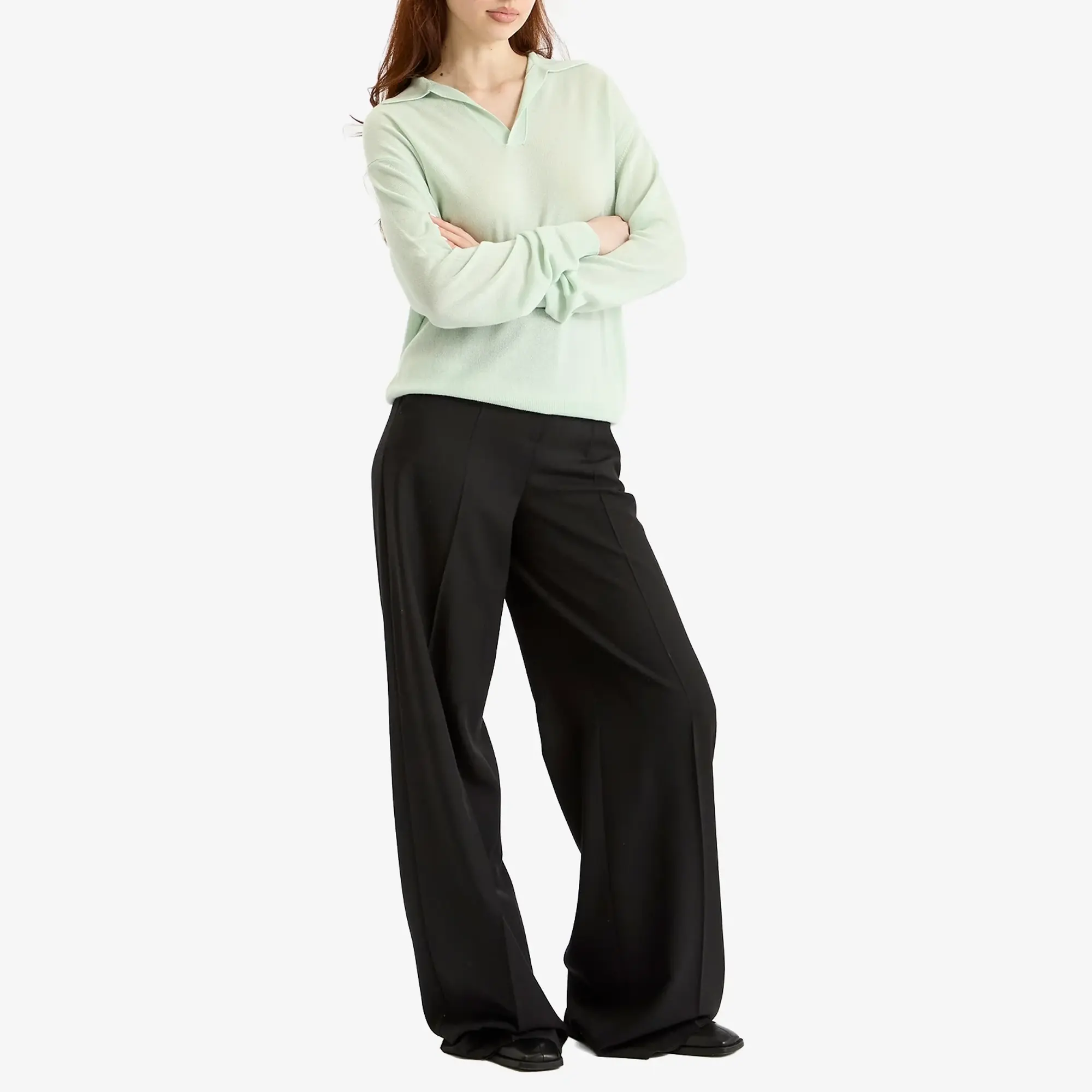 Auralee Women's Cashmere Silk Knit Skipper Polo White Green