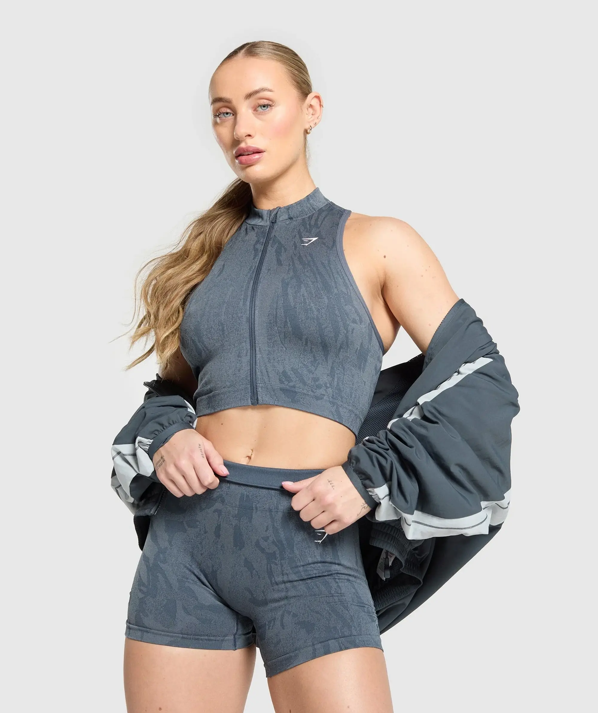 Gymshark Adapt Camo Seamless Zip Up Crop Top - Titanium Blue/Denim Grey