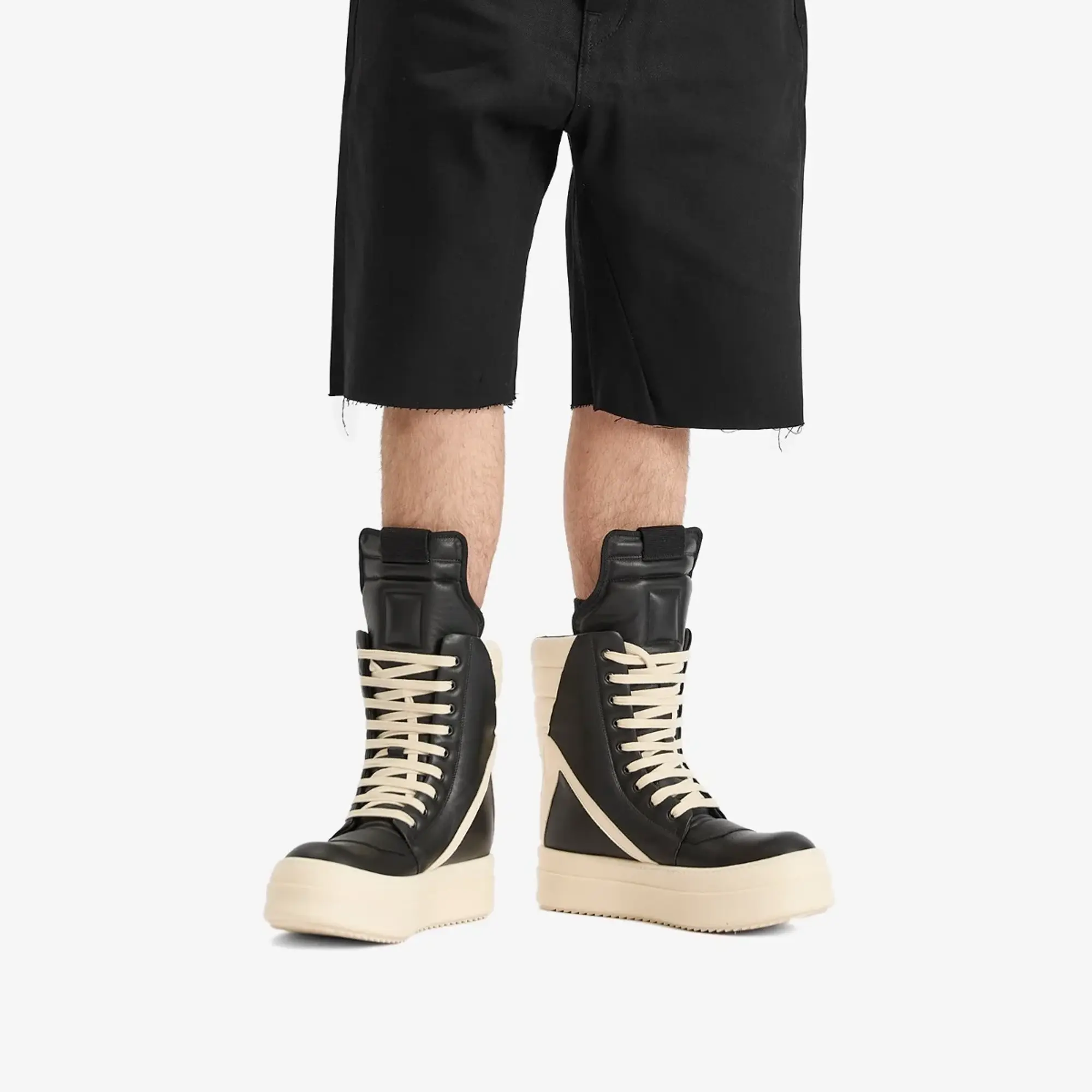 Rick Owens Men's Leather Geobasket Sneakers Black/Milk/Milk