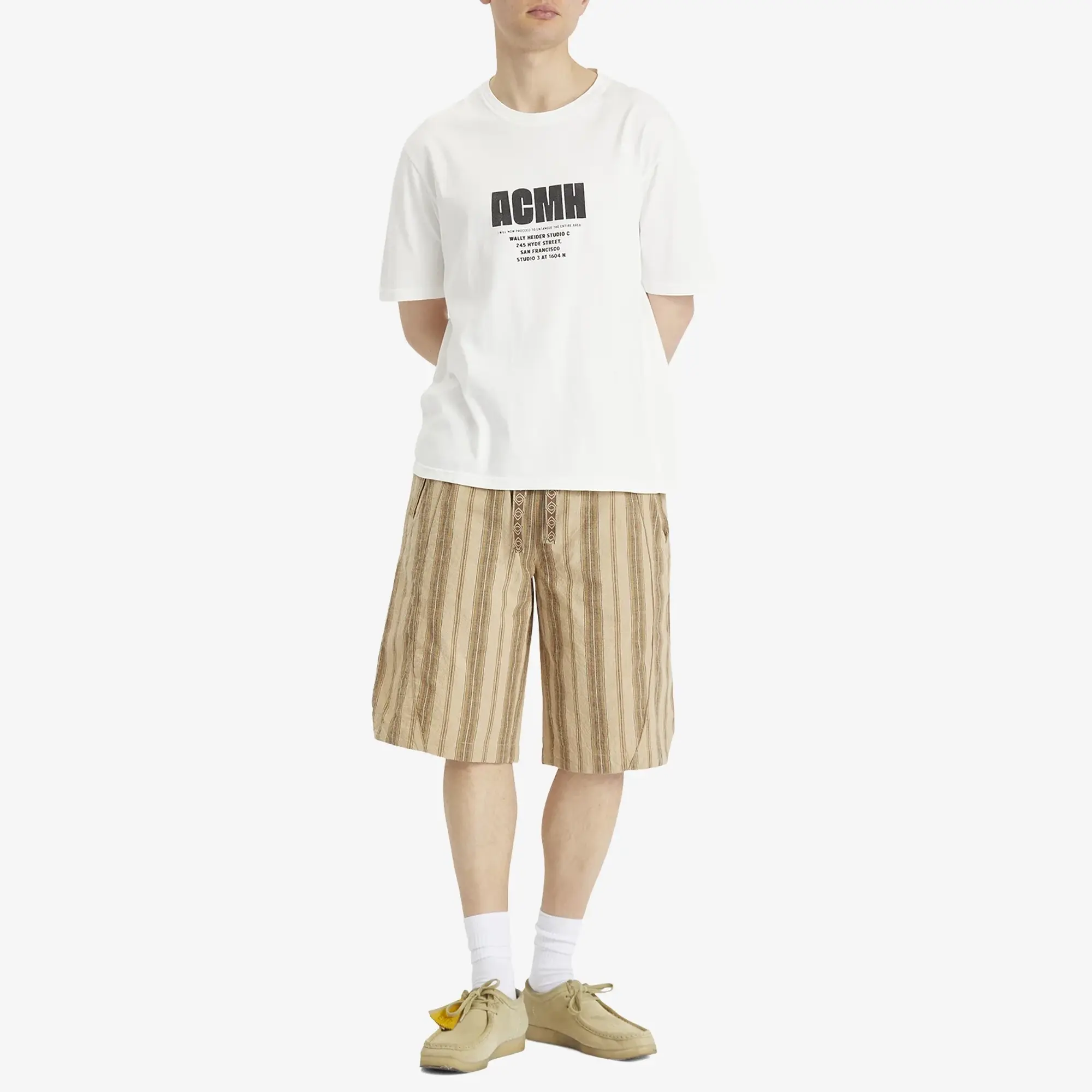ACMH by Magic Castles Men's Idle Long Stripe Shorts Beige Stripe