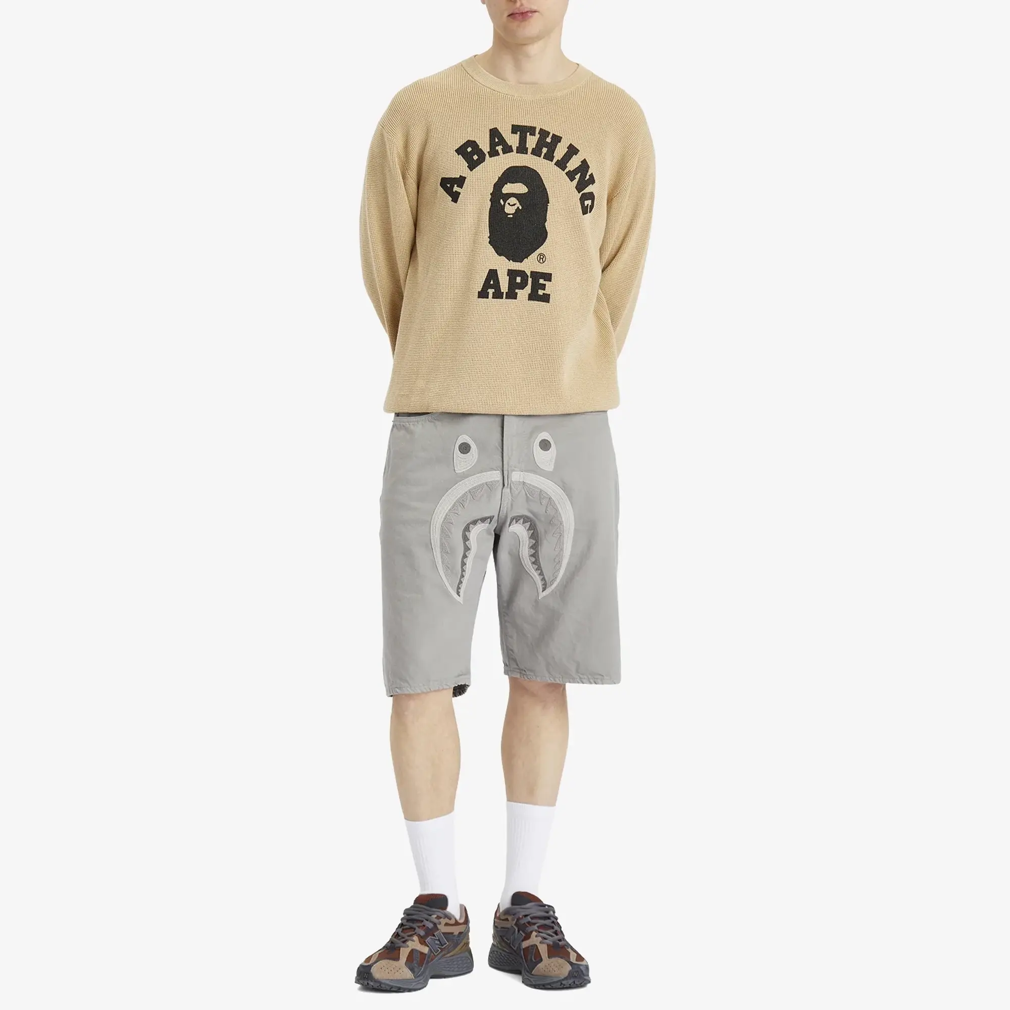 A Bathing Ape Men's College Waffle Crewneck Sweater Beige