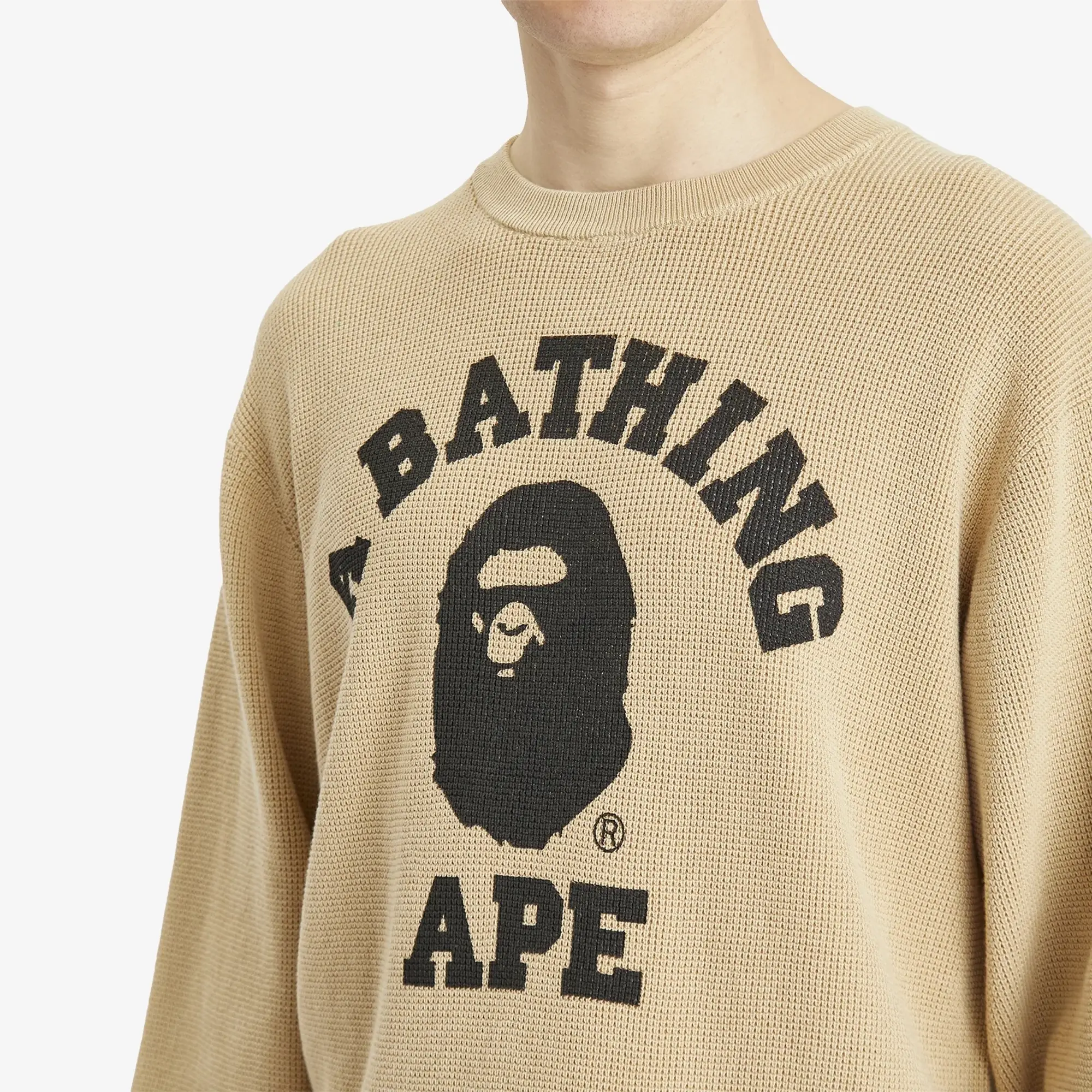A Bathing Ape Men's College Waffle Crewneck Sweater Beige