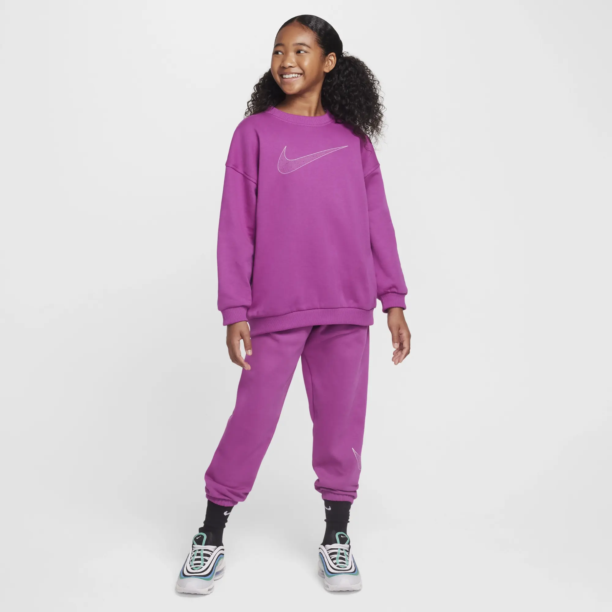Nike Girls Shine Club Fleece Oversized Crew Sweatshirt - Purple - Size XL/G - Purple