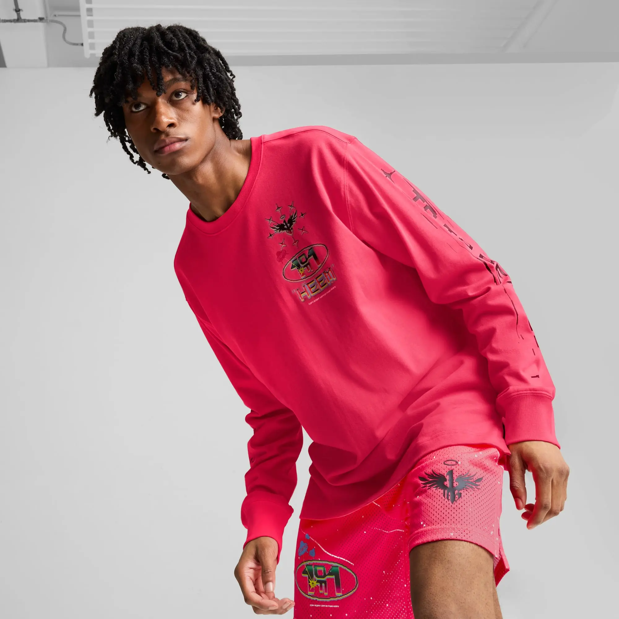PUMA Melo 1Love Long Sleeve Basketball T-Shirt Men, Pink Alert