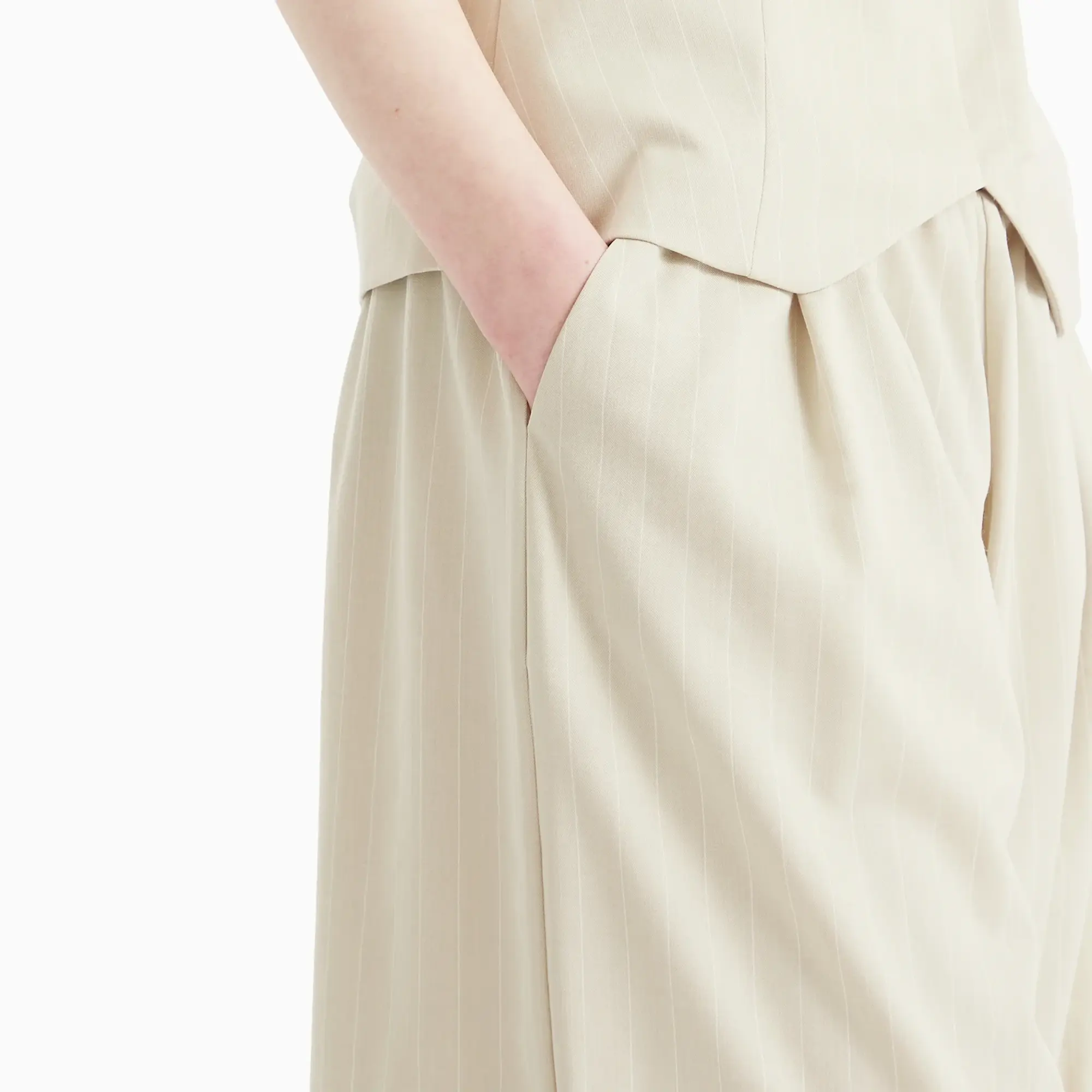 ST. Agni Women's Pinstripe Wool Drawstring Trousers Latte