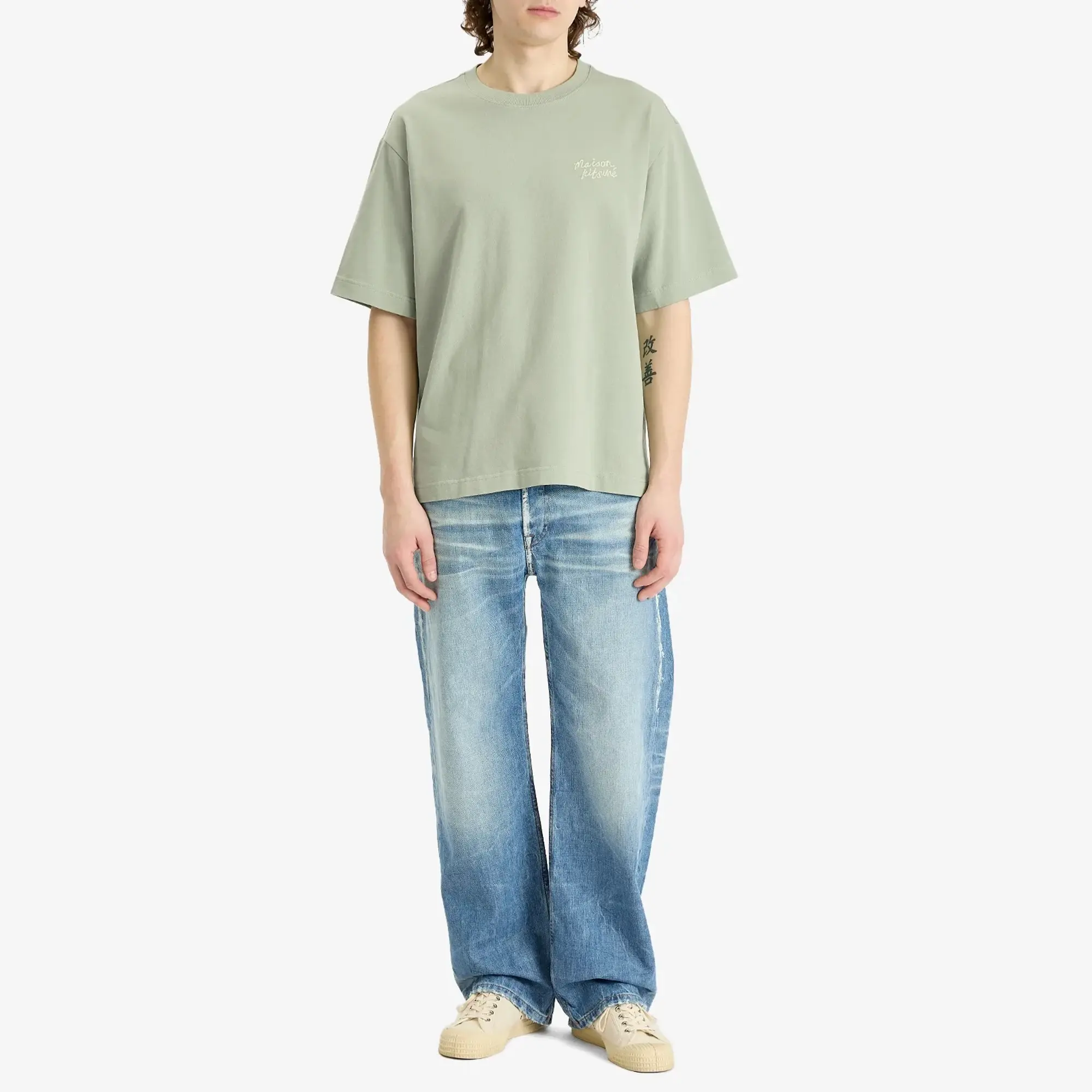 Maison Kitsuné Maison Kitsune Handwriting Embroidery Oversize T-Shirt Vert-De-Gris