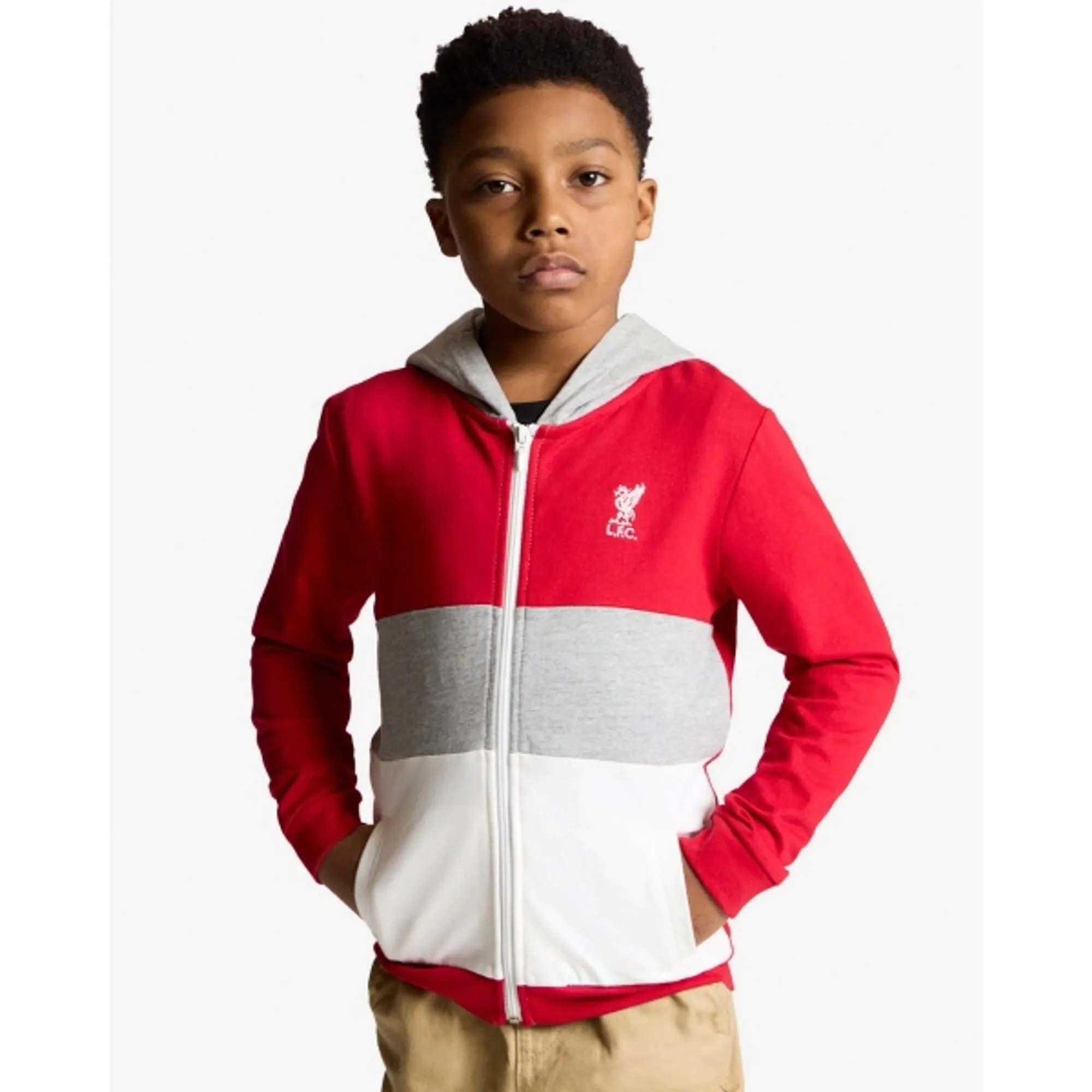 Liverpool FC LFC Juniors Colour Block Zip Through Hooded Top Red