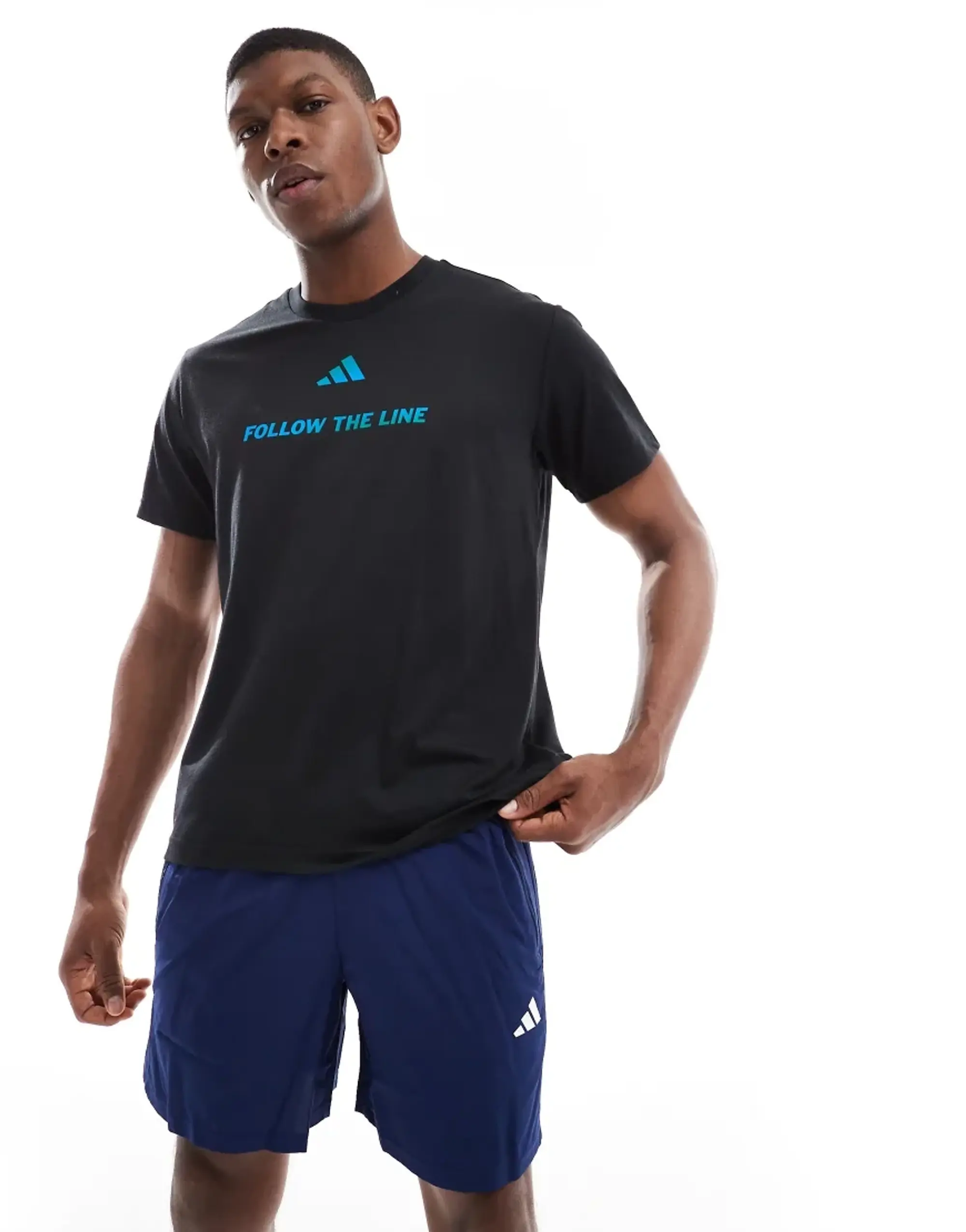 Adidas Running Follow The Line T-Shirt In Black And Blue