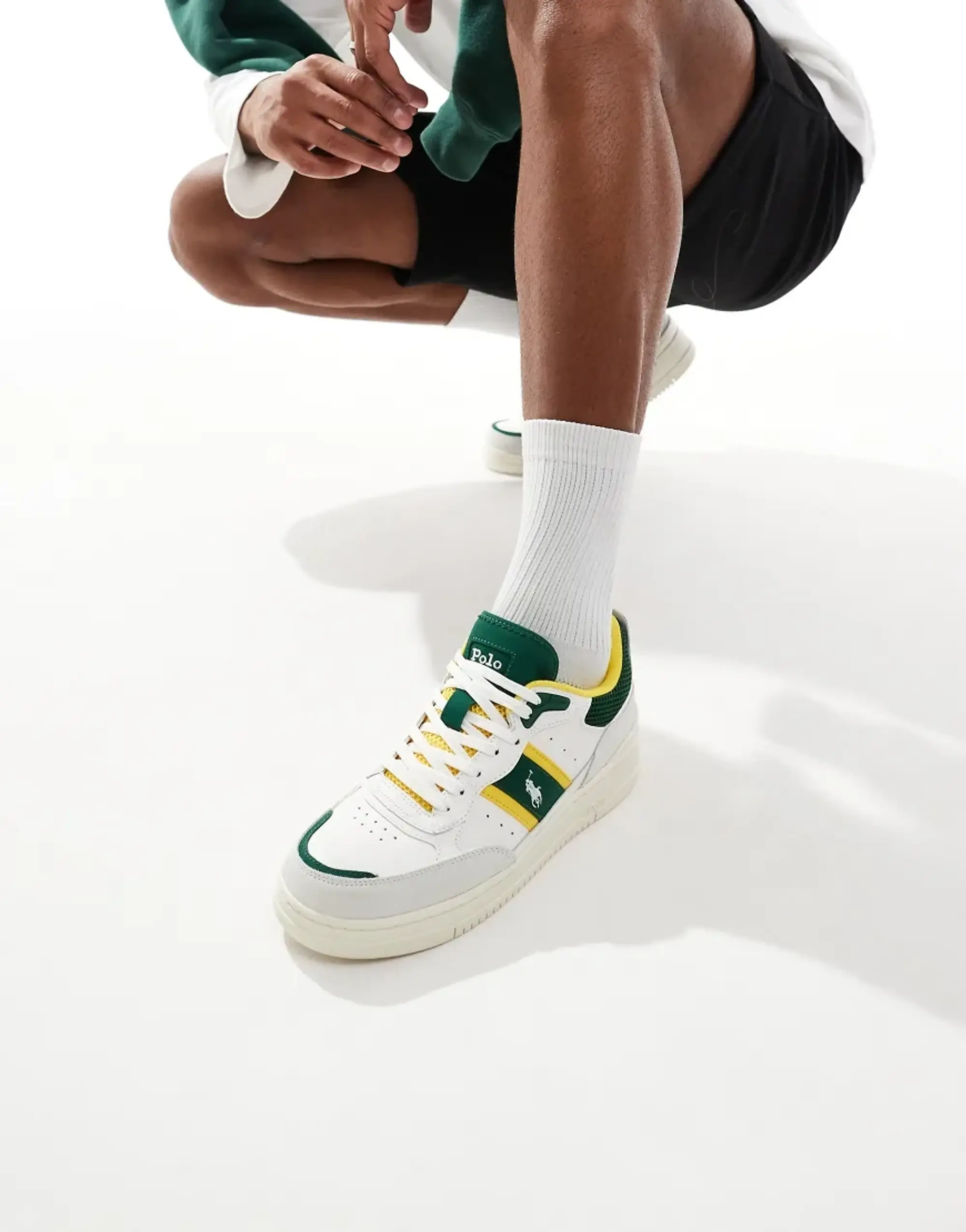 Polo Ralph Lauren Masters Sport 125 Trainer In Off White, Green And Yellow