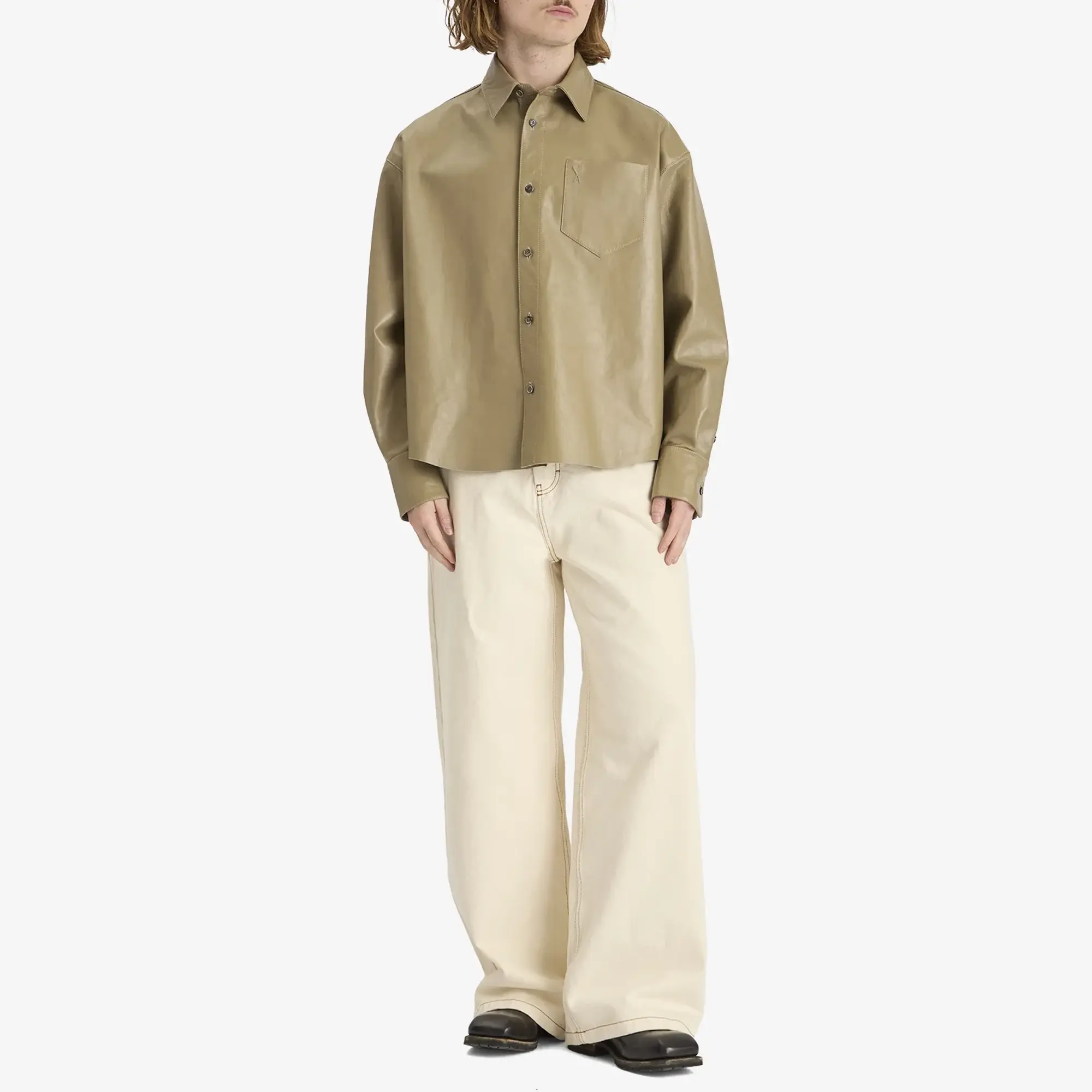 AMI Paris Men's Boxy Fit Leather Overshirt Laurel