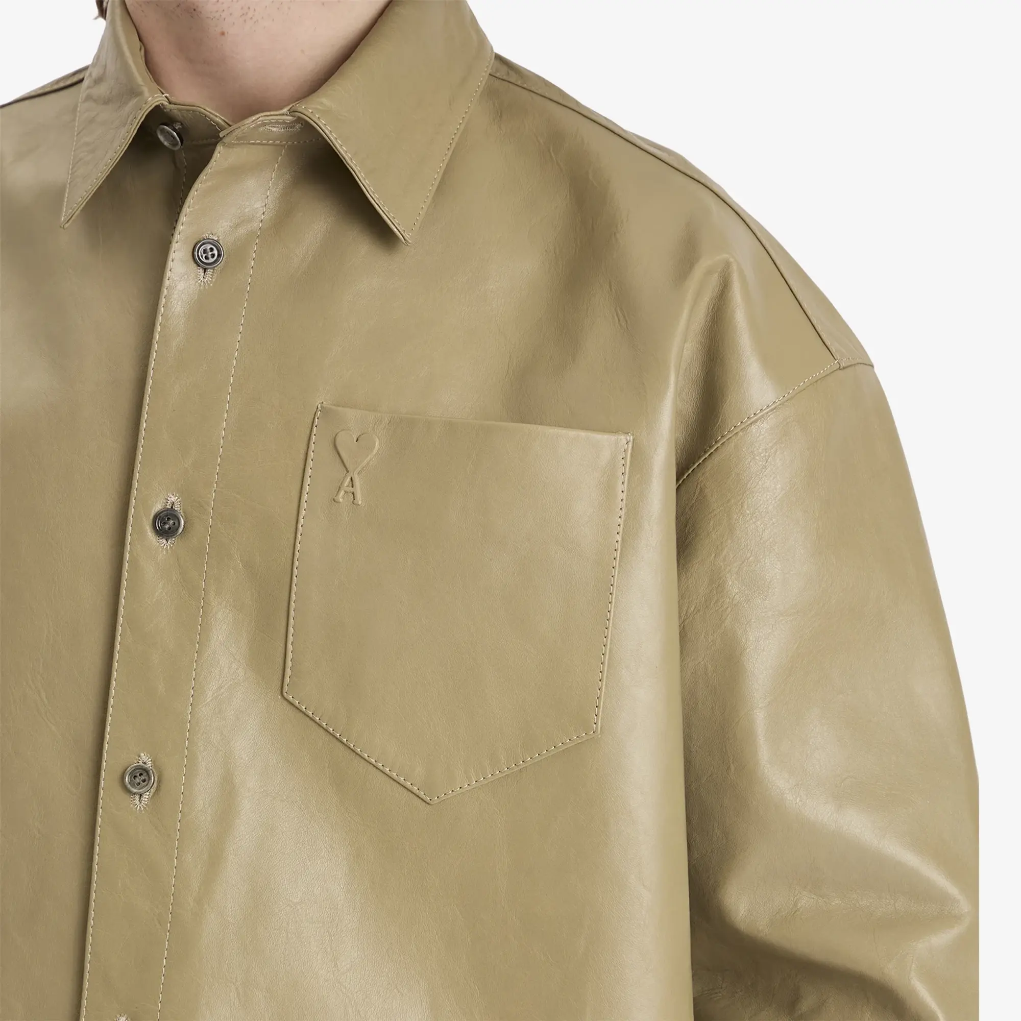 AMI Paris Men's Boxy Fit Leather Overshirt Laurel