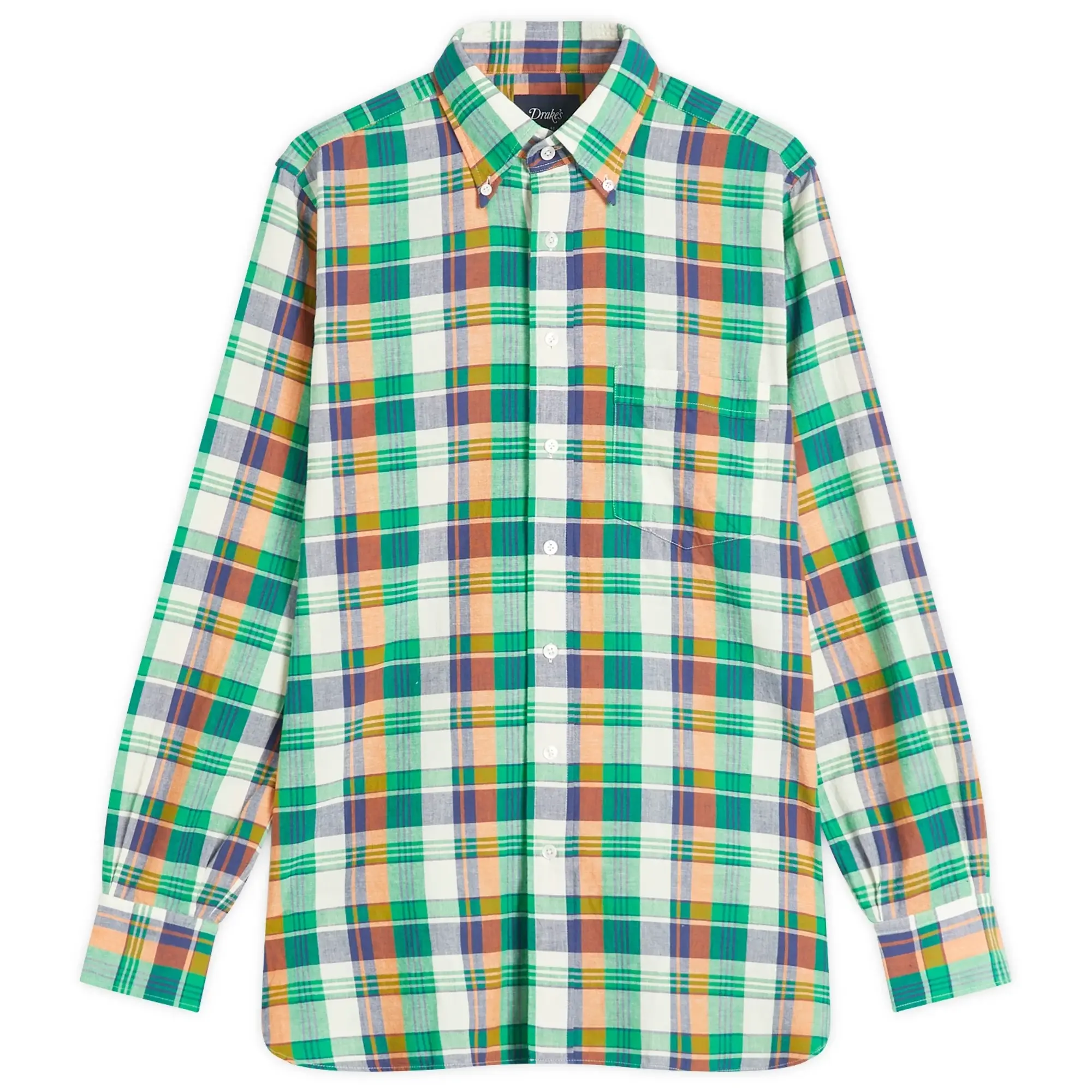 Drake's Men's Madras Button Down Shirt Green/Orange/Blue