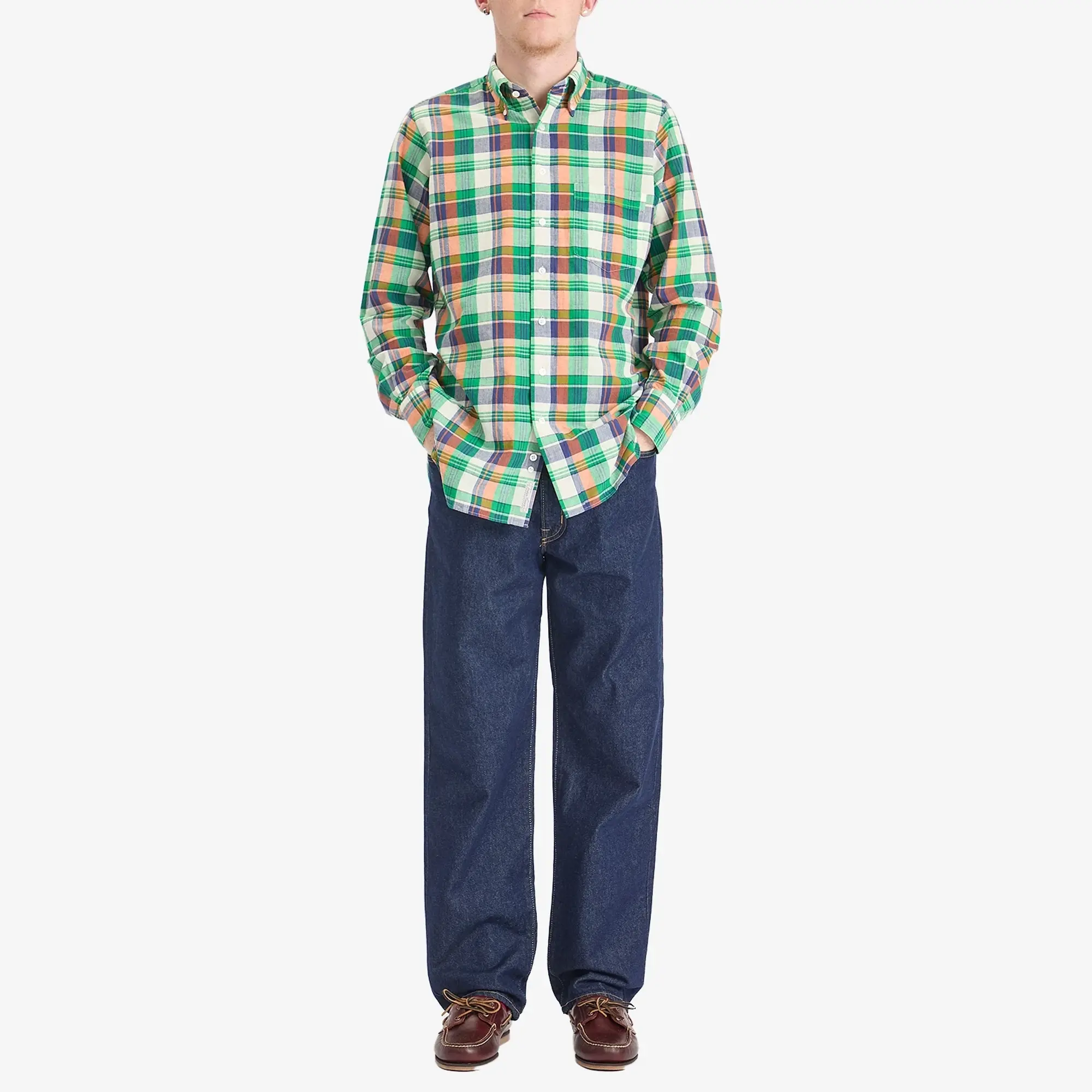 Drake's Men's Madras Button Down Shirt Green/Orange/Blue