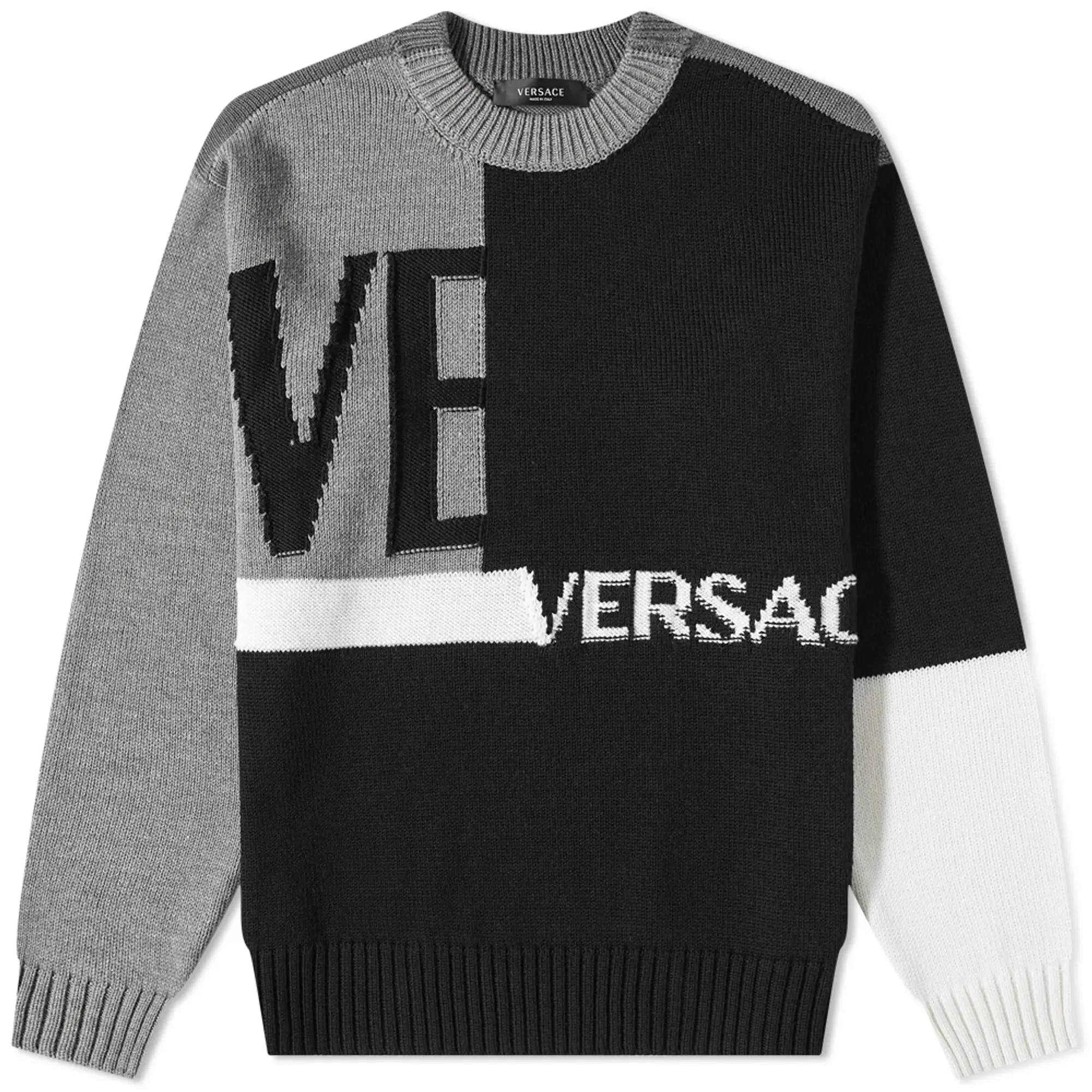 Versace Men's Patchwork Logo Crew Knit Grey/Black