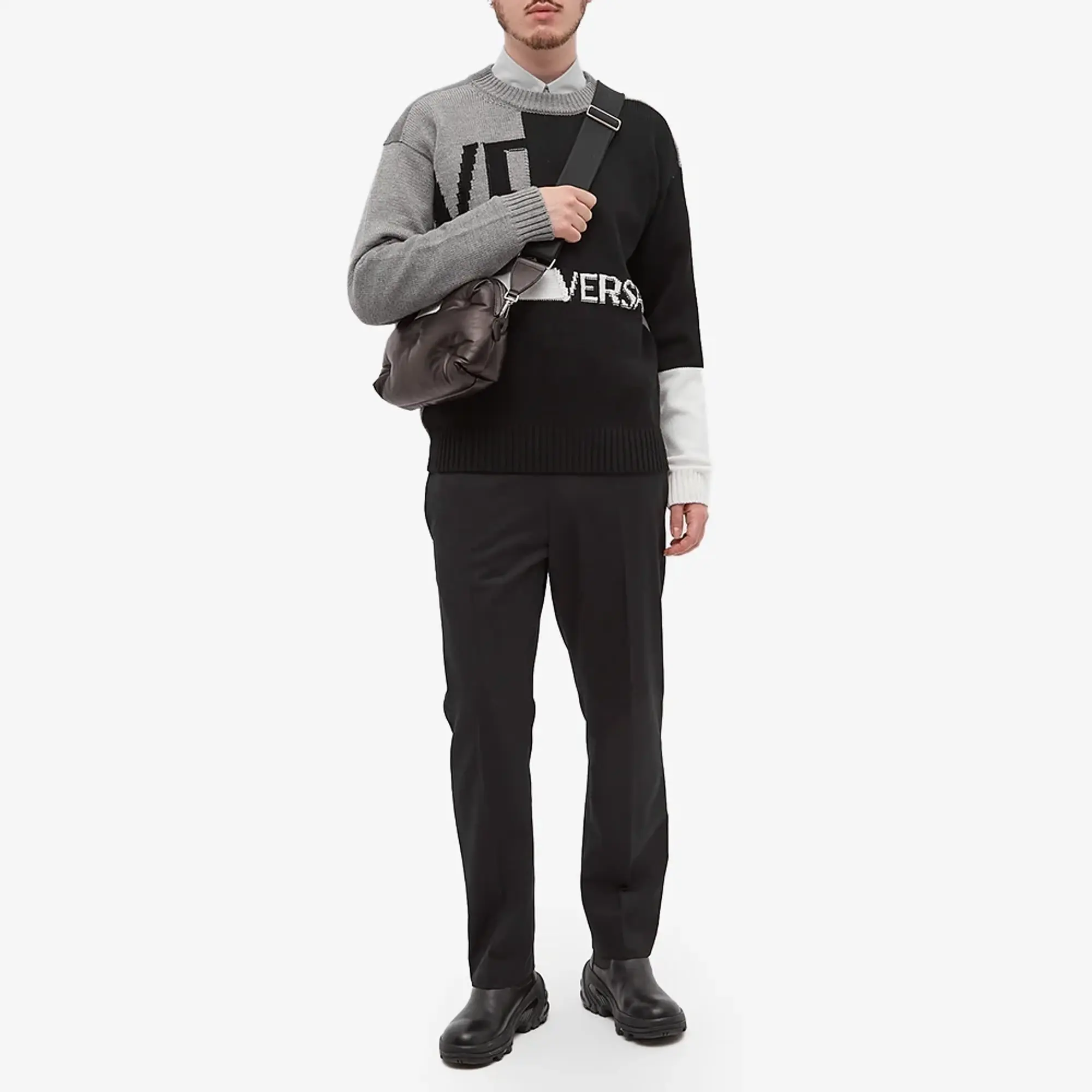 Versace Men's Patchwork Logo Crew Knit Grey/Black