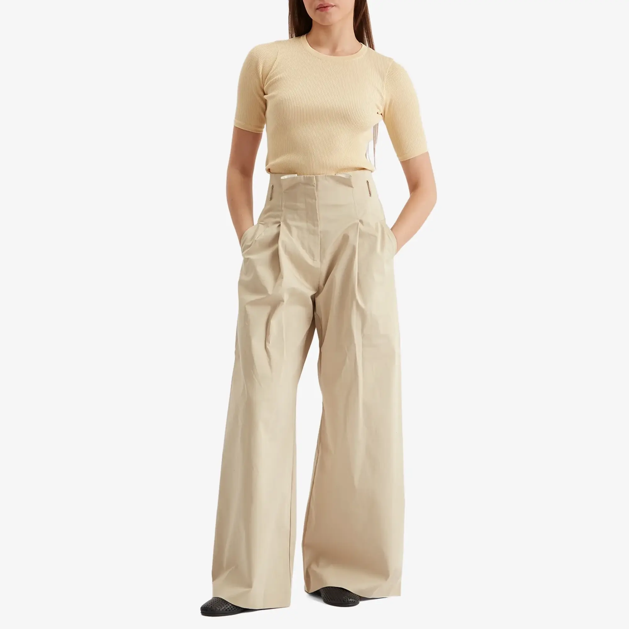 Auralee Women's Cotton Rib Knit T-Shirt Yellow Beige