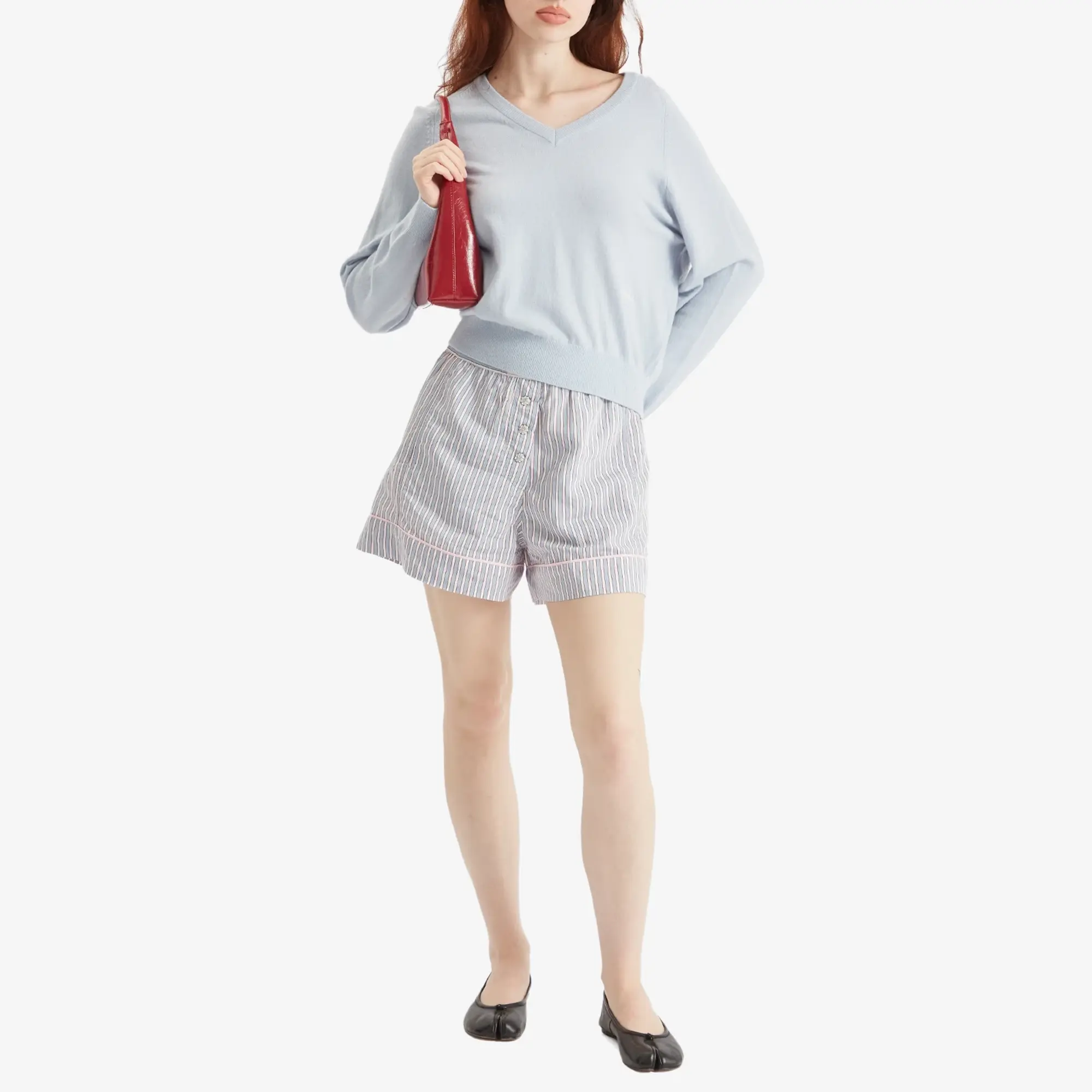 GANNI Women's Yarn Dyed Stripe Elasticated Shorts Soft Chambray