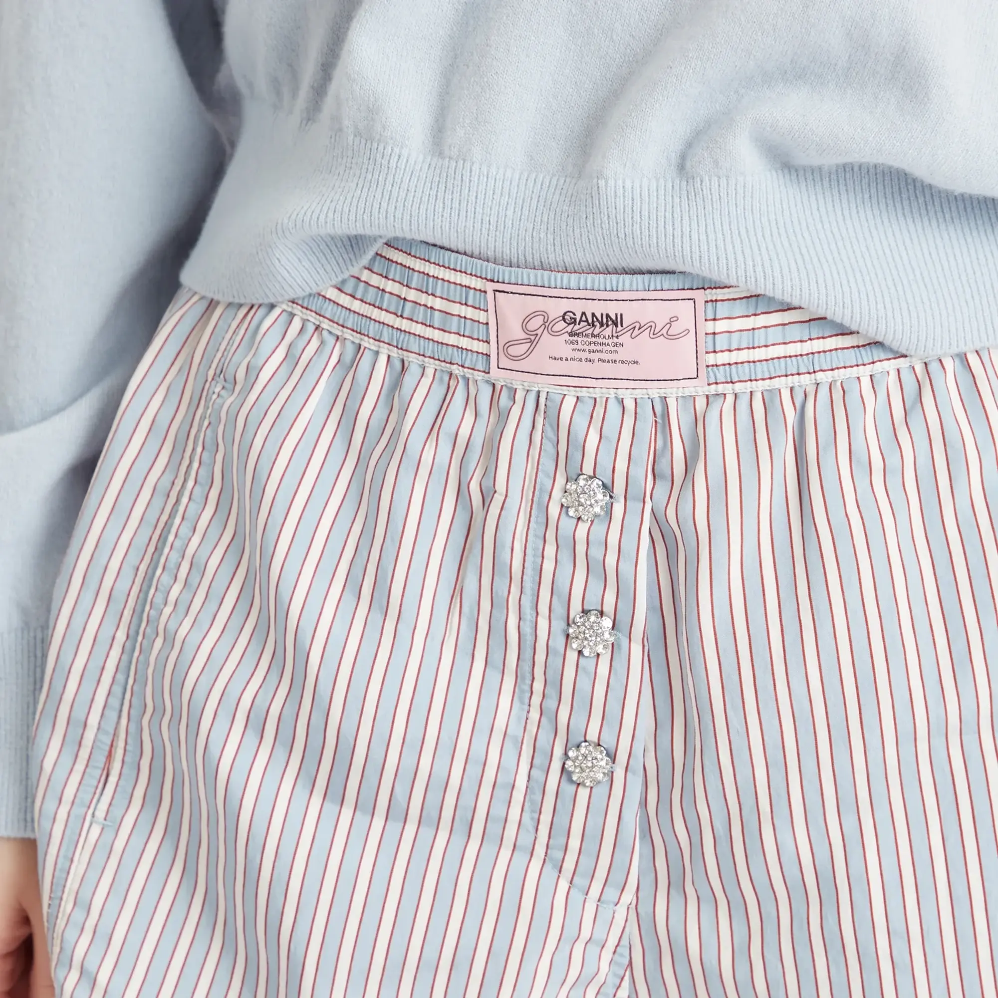 GANNI Women's Yarn Dyed Stripe Elasticated Shorts Soft Chambray