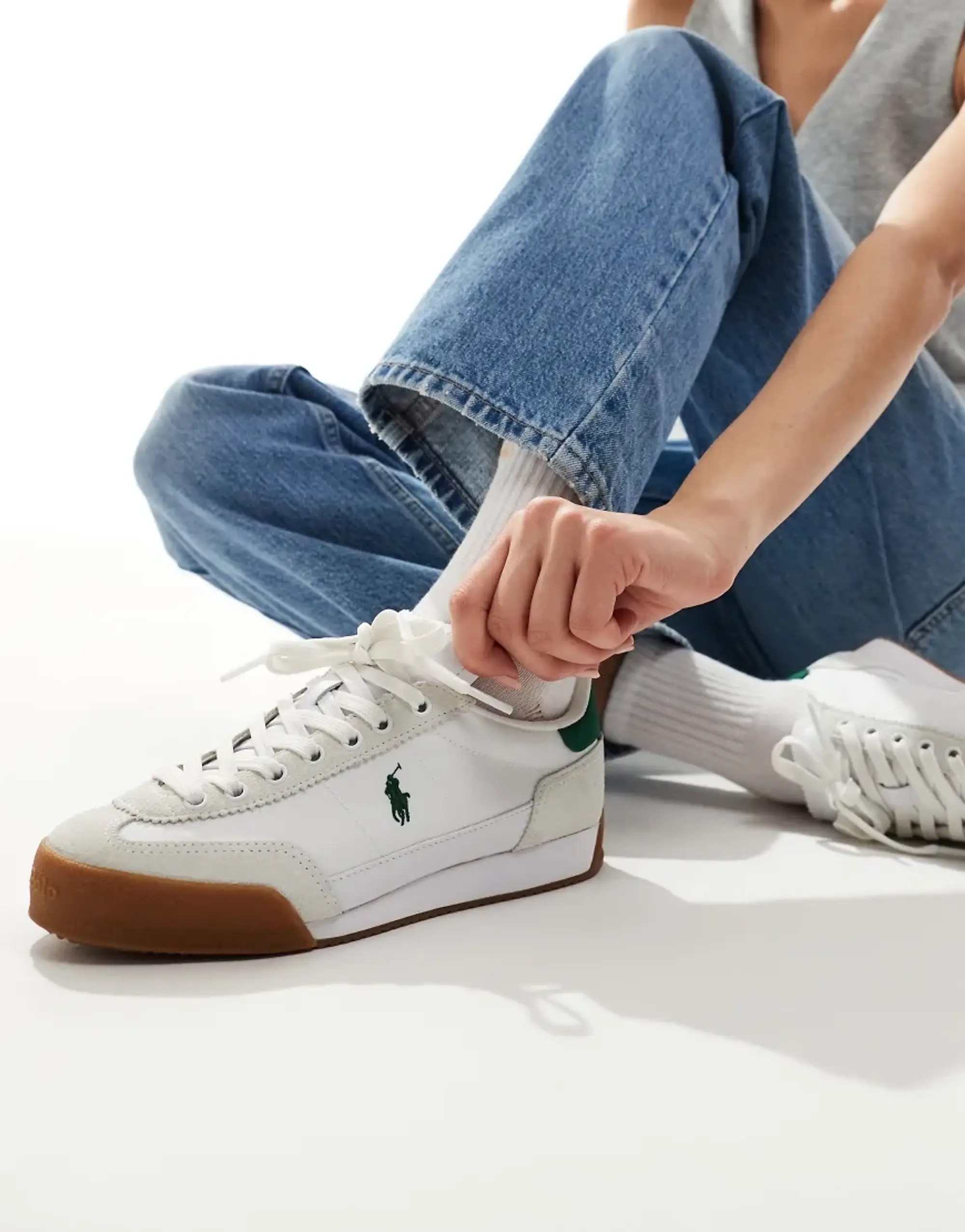 Polo Ralph Lauren Hester Trainer In White With Green Logo And Back Tab