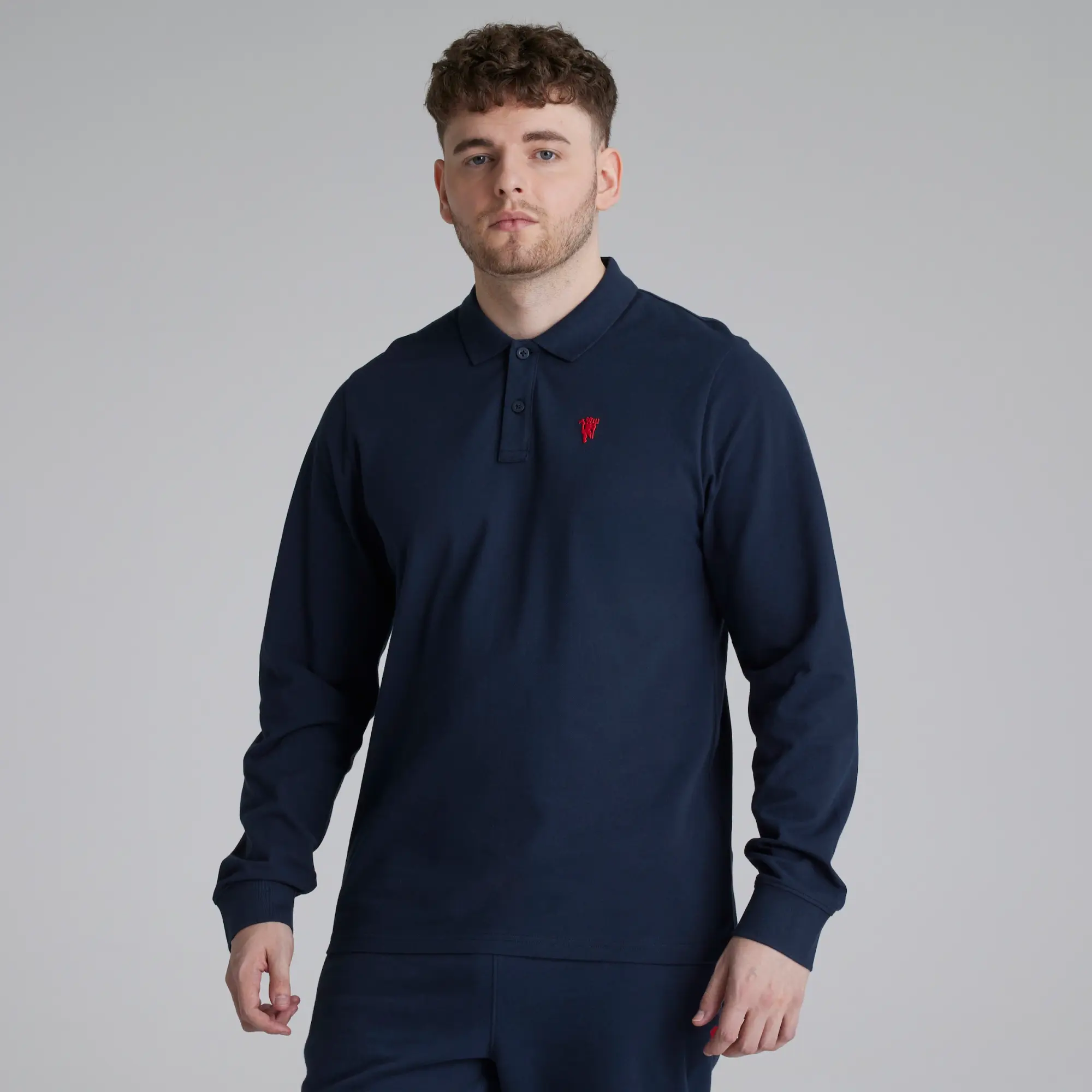 Manchester United Mens Devil Emblem Long Sleeve Polo Shirt Navy