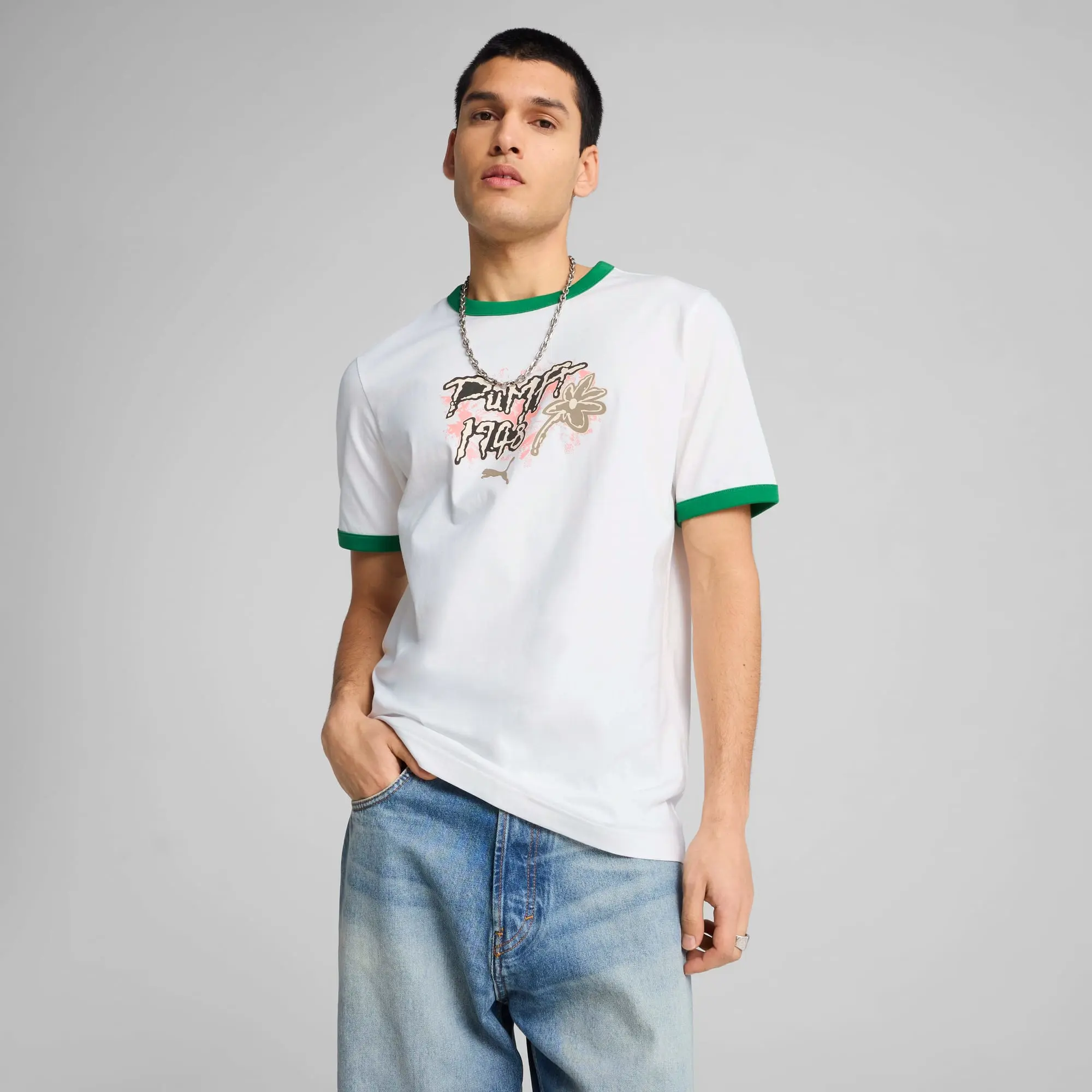 Future.PUMA.Archive Graphic Ringer T-Shirt Men, White/Archive Green, size Large