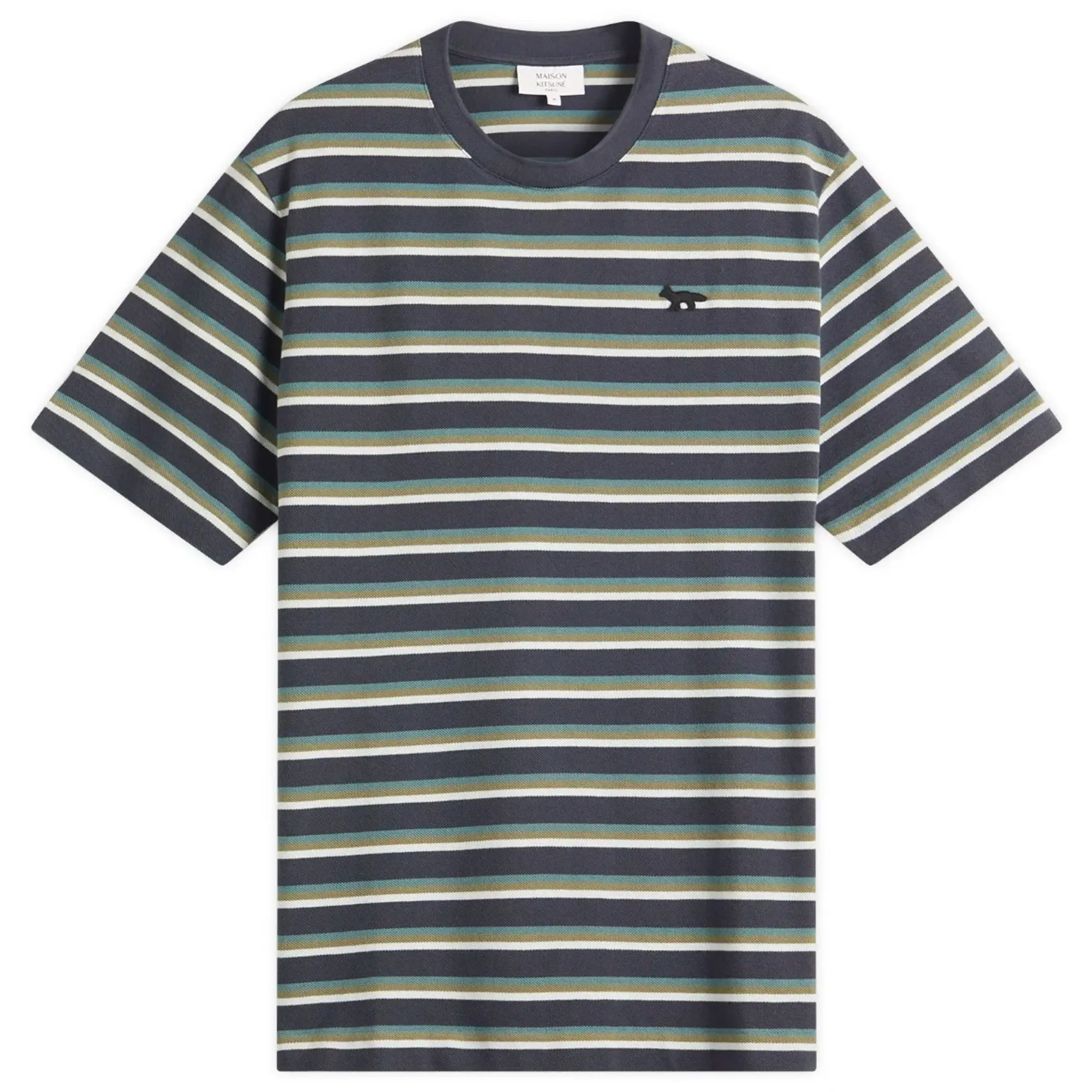 Maison Kitsune Profile Fox Patch Striped Comfort T-Shirt Soft Teal/Bay Leaf/Cirrus Blue