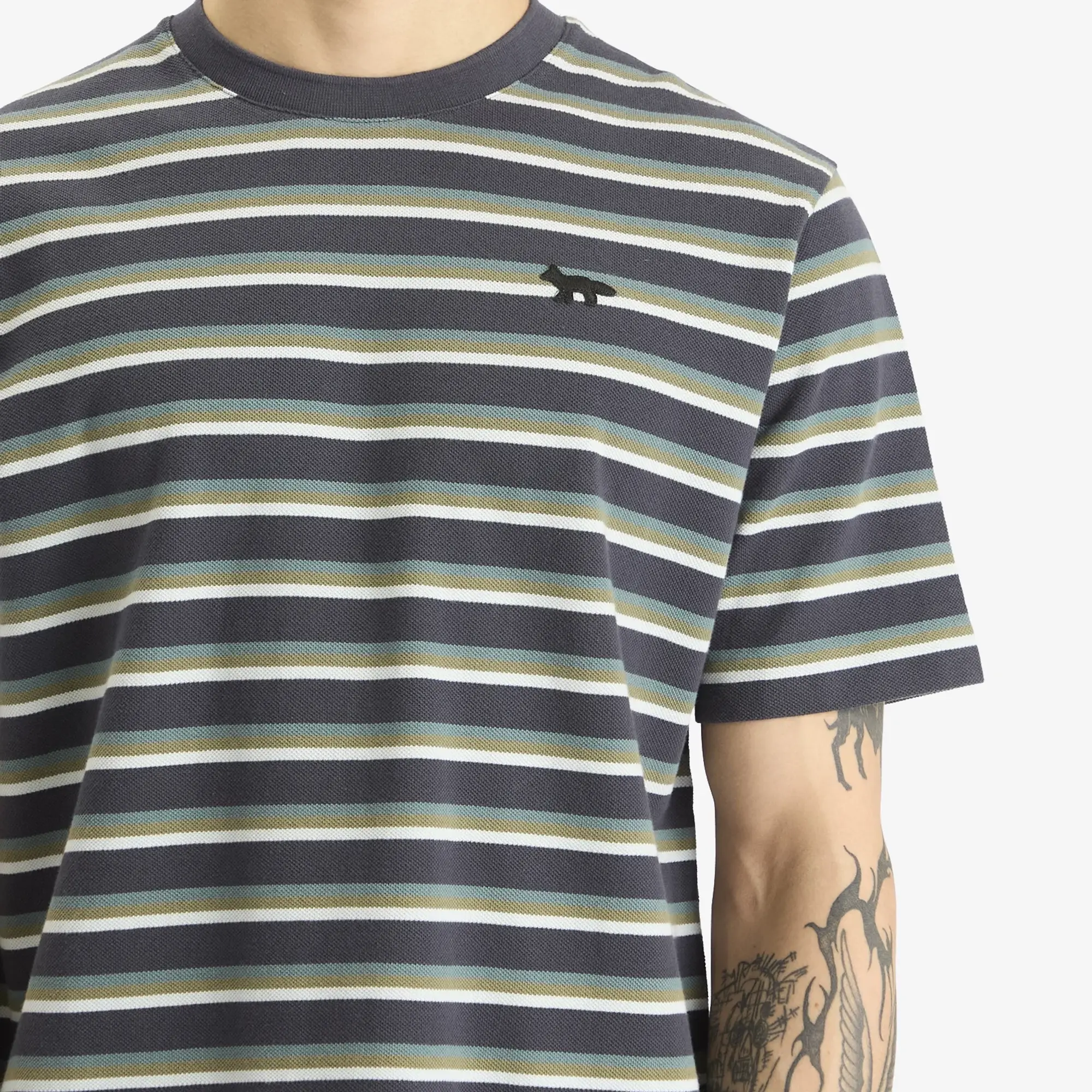 Maison Kitsune Profile Fox Patch Striped Comfort T-Shirt Soft Teal/Bay Leaf/Cirrus Blue