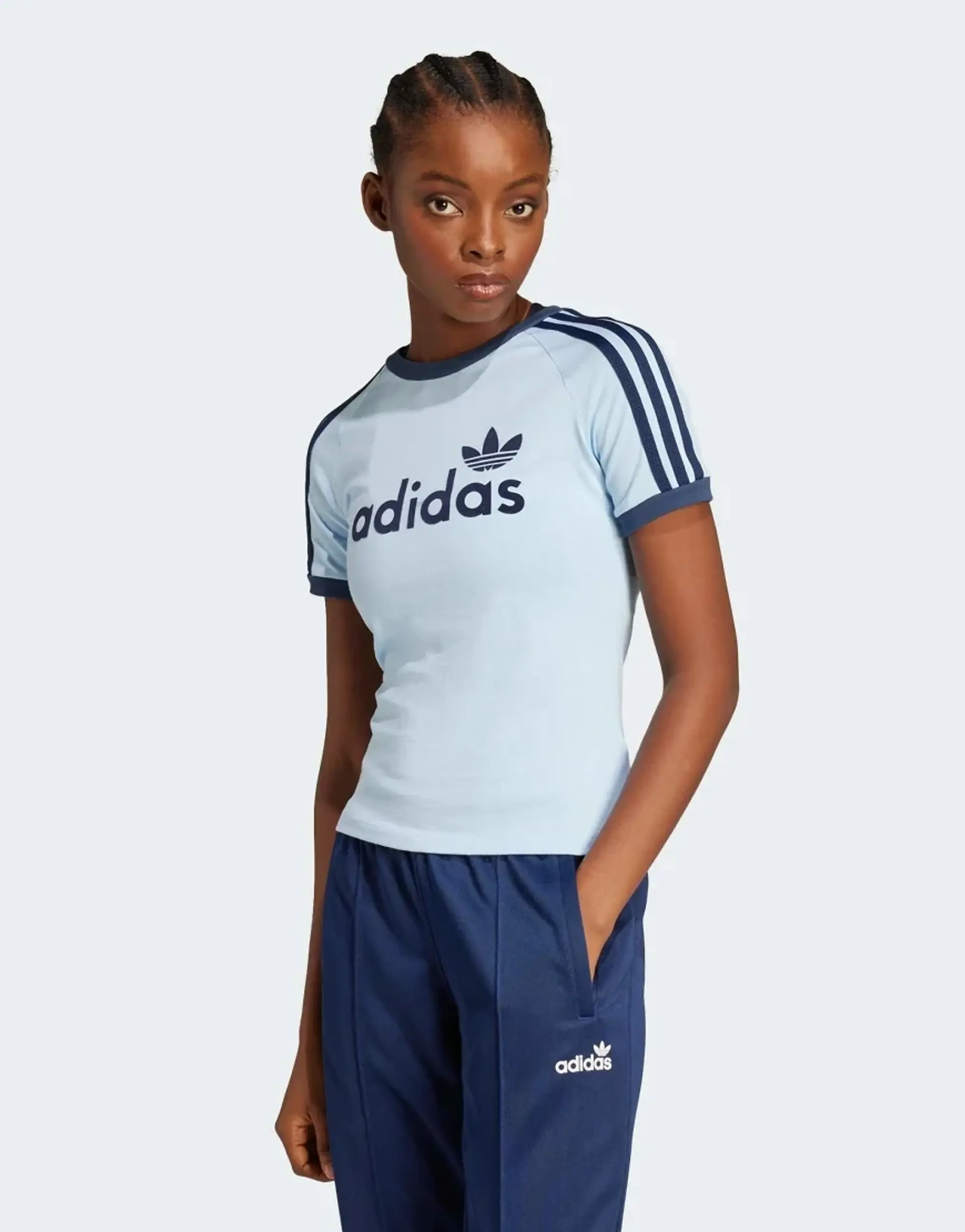 Adidas Originals Linear Graphic Cali Tee In Clear Sky / Off White-Blue