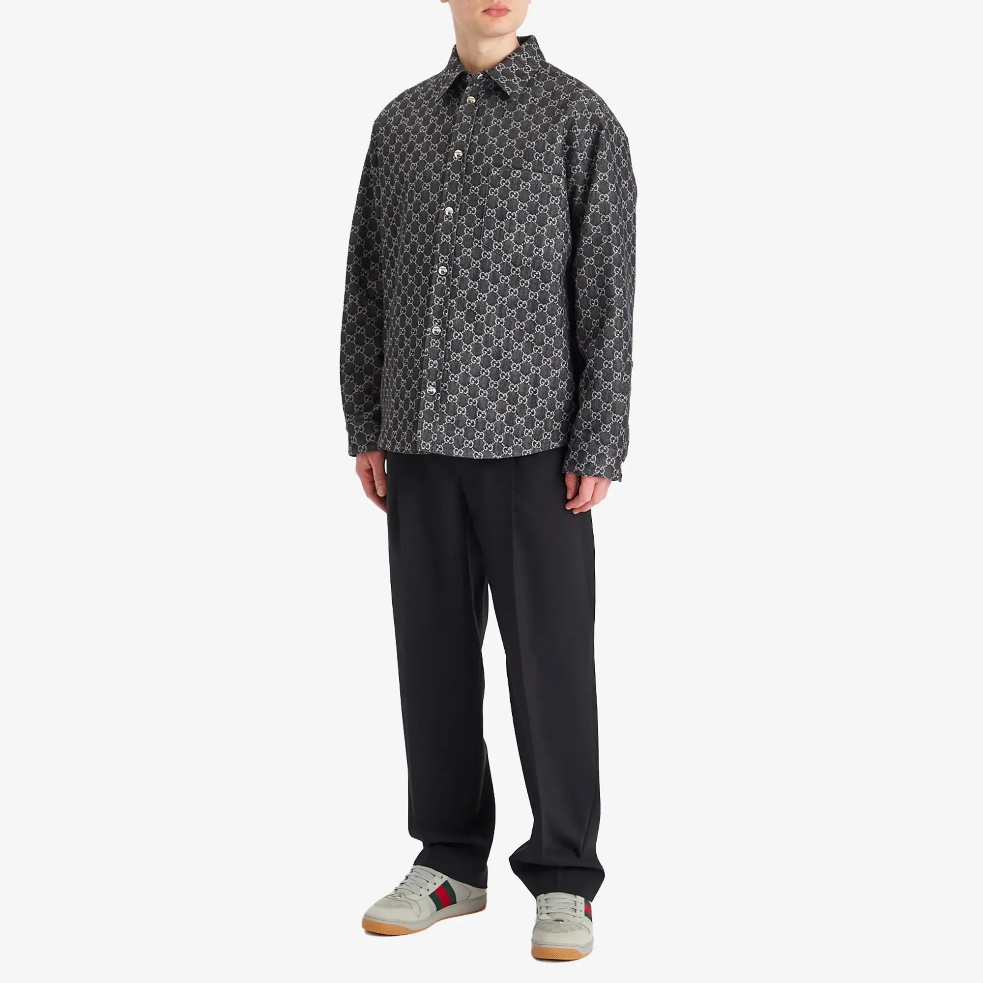 Gucci Men's Reversible GG Denim Jacquard Overshirt Dark Grey/Ivory