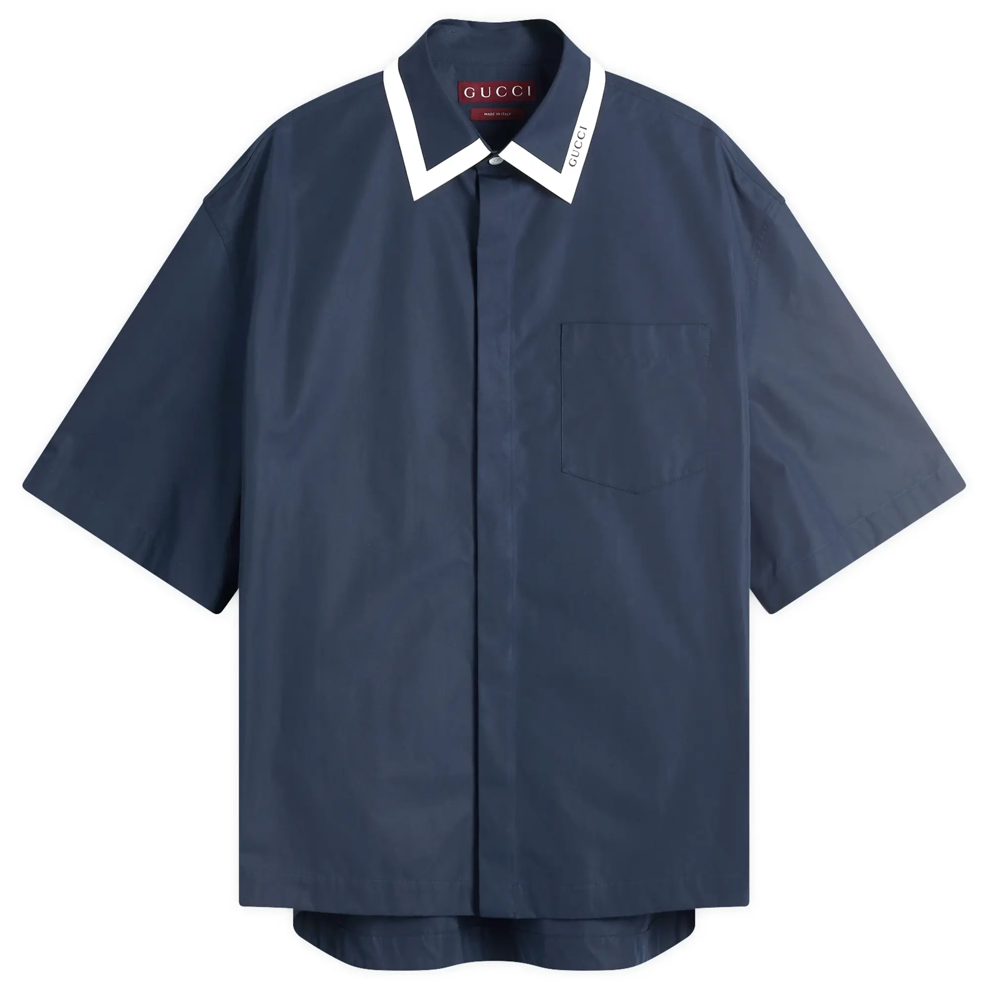 Gucci Men's Tape Collar Cotton Short Sleeve Shirt Blue Japan