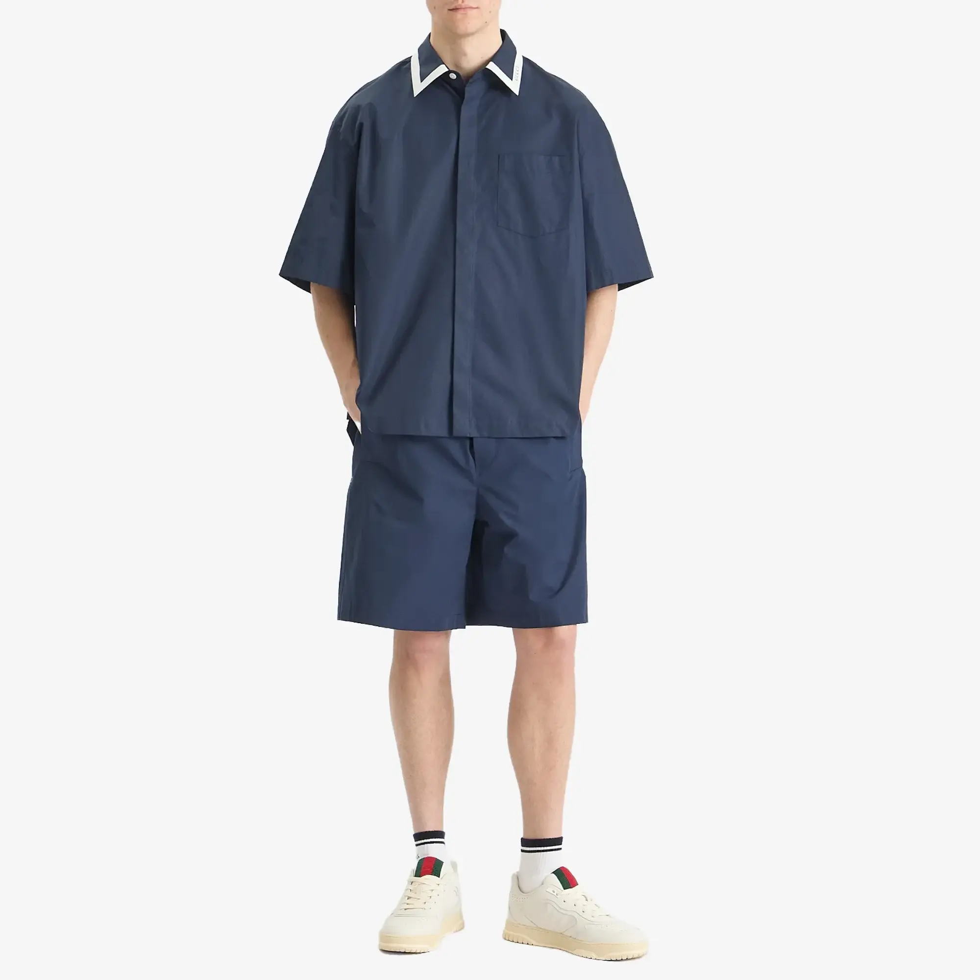Gucci Men's Tape Collar Cotton Short Sleeve Shirt Blue Japan