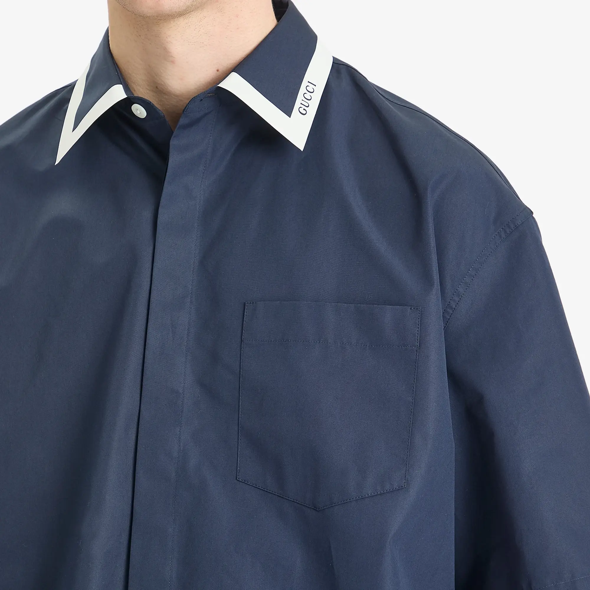 Gucci Men's Tape Collar Cotton Short Sleeve Shirt Blue Japan