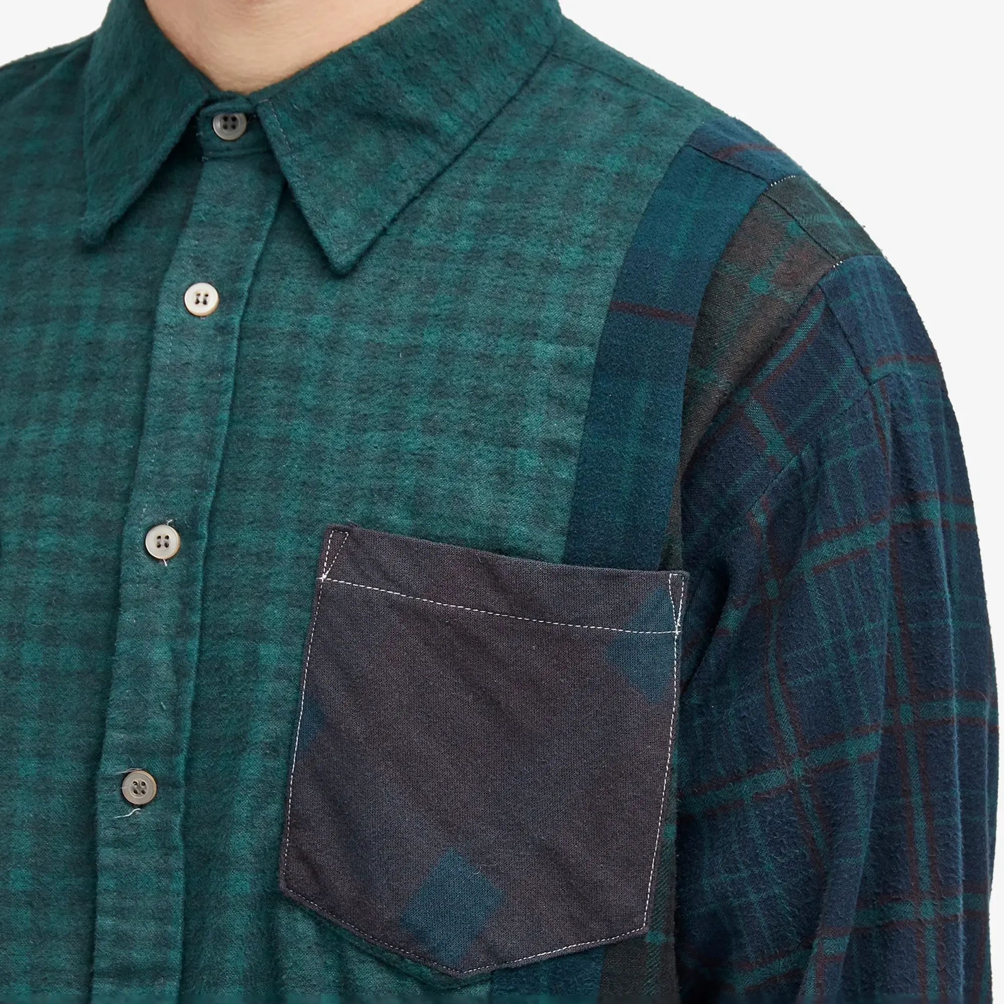 Needles Men's 7 Cuts Over Dye Flannel Shirt Green