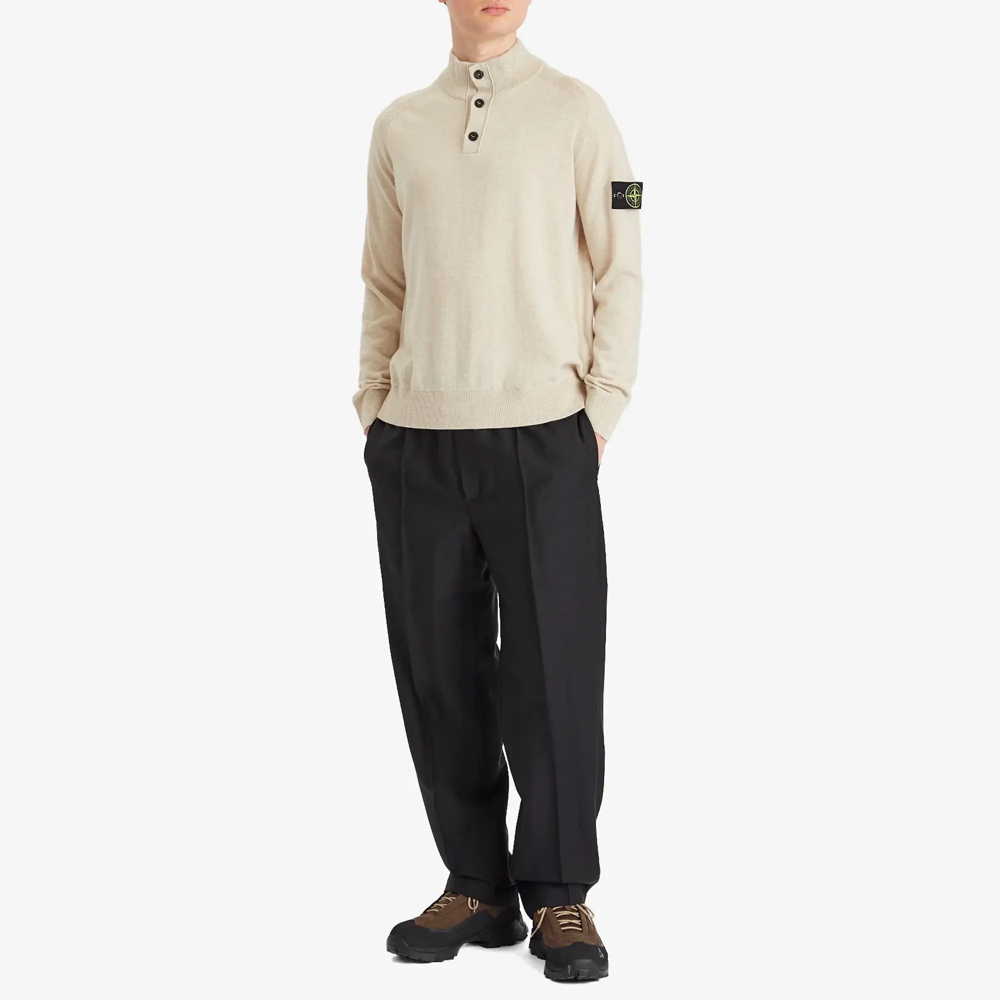 Stone Island Men's Geelong Wool Half Button Knit Desert Melange