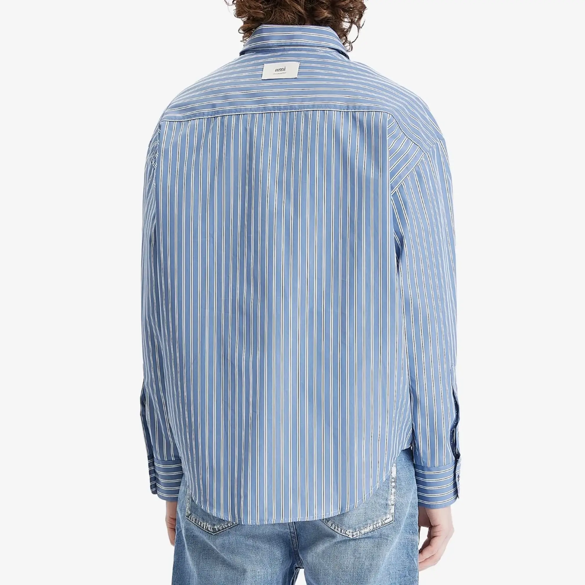 AMI Paris Men's Boxy Fit Stripe Shirt Blue Note/White/Navy