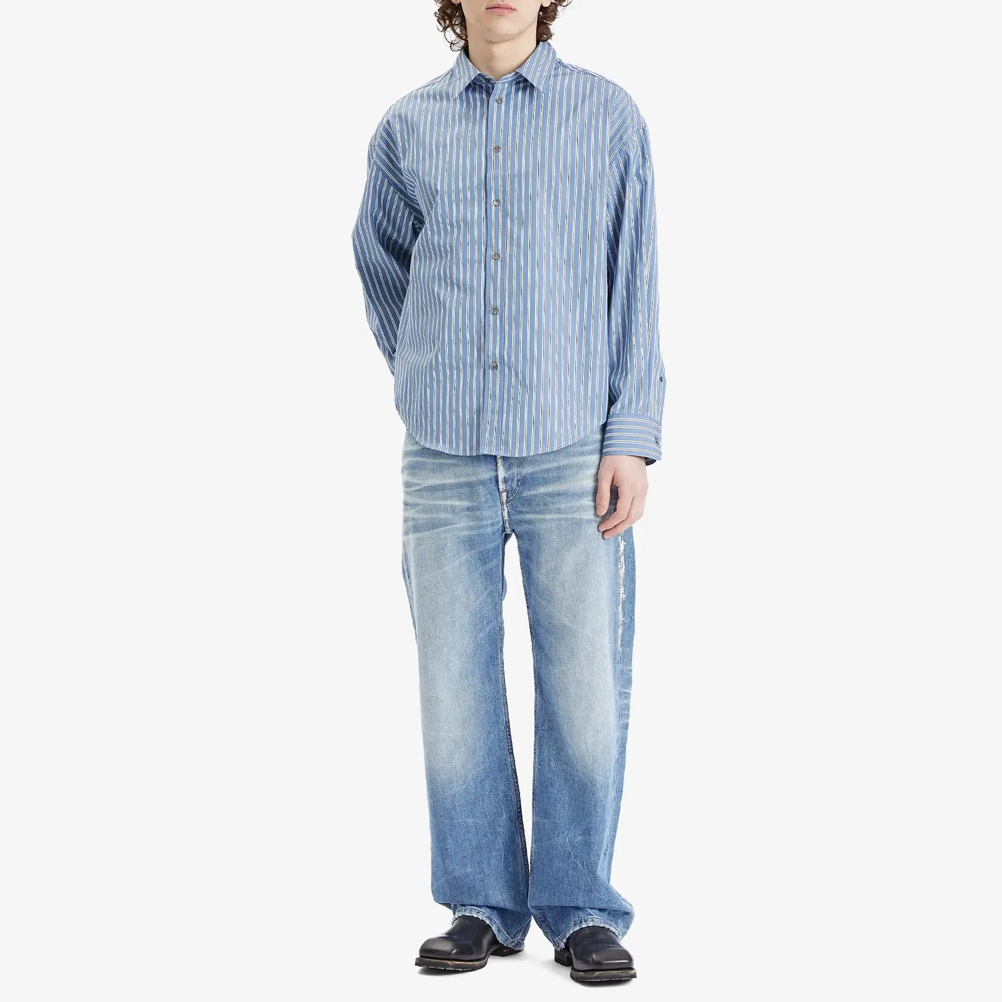 AMI Paris Men's Boxy Fit Stripe Shirt Blue Note/White/Navy