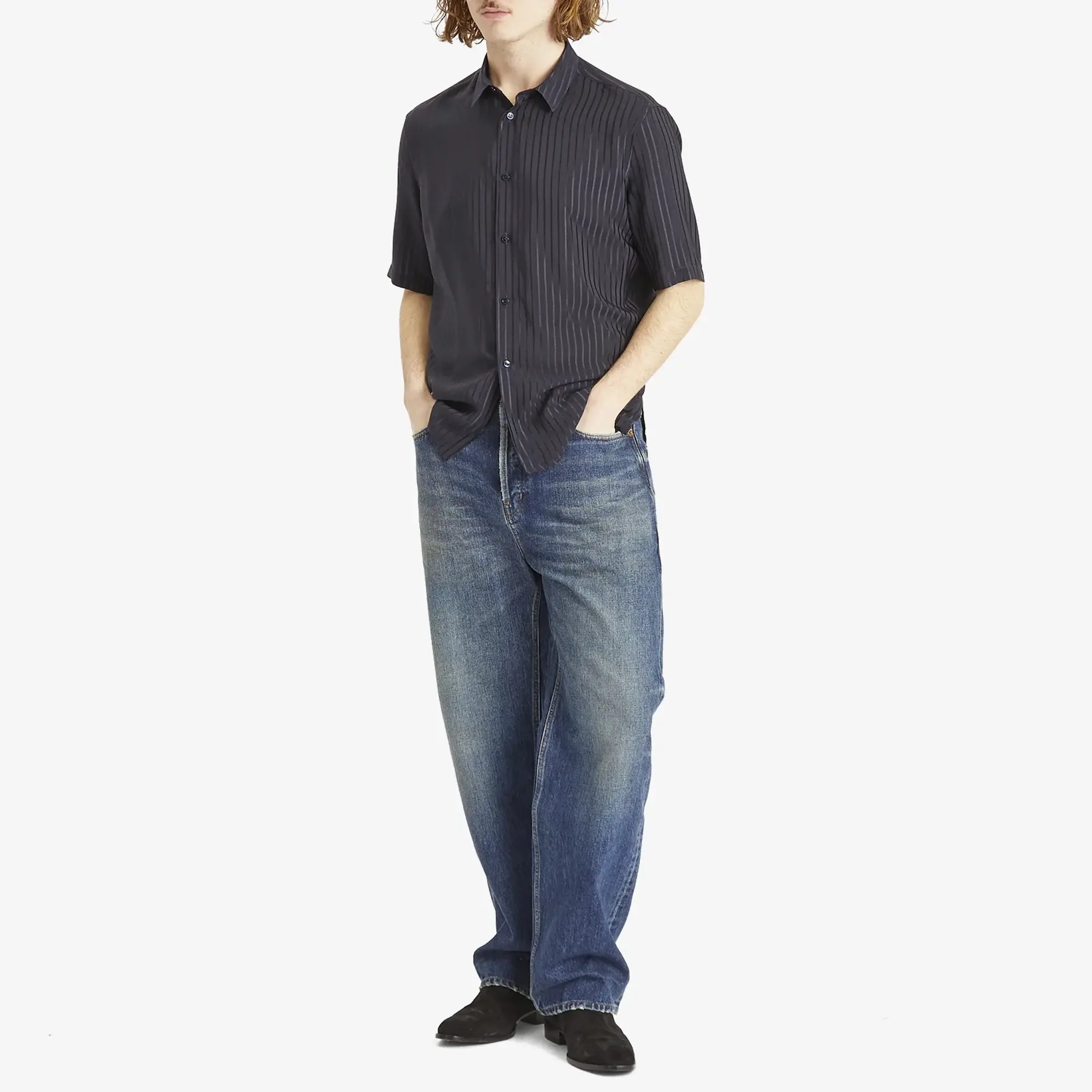 Saint Laurent Men's Tonal Stripe Short Sleeve Shirt Bleu Nuit