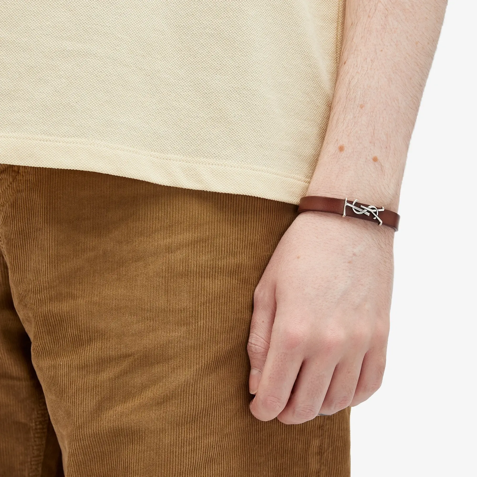 Saint Laurent Men's YSL Leather Bracelet Light Brown/Argent