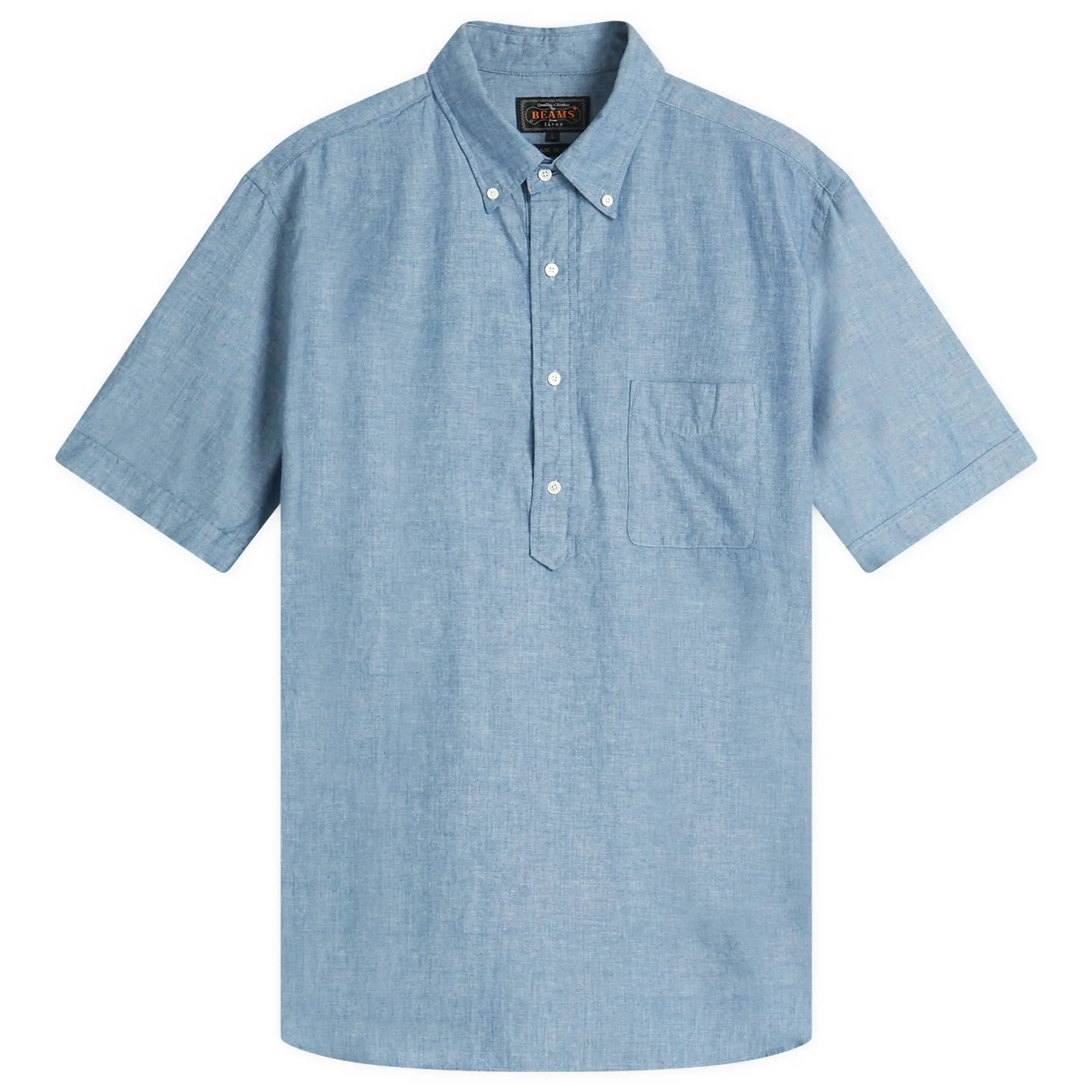 Beams Plus Men's Button Down Popover Short Sleeve Chambray Shirt Blue