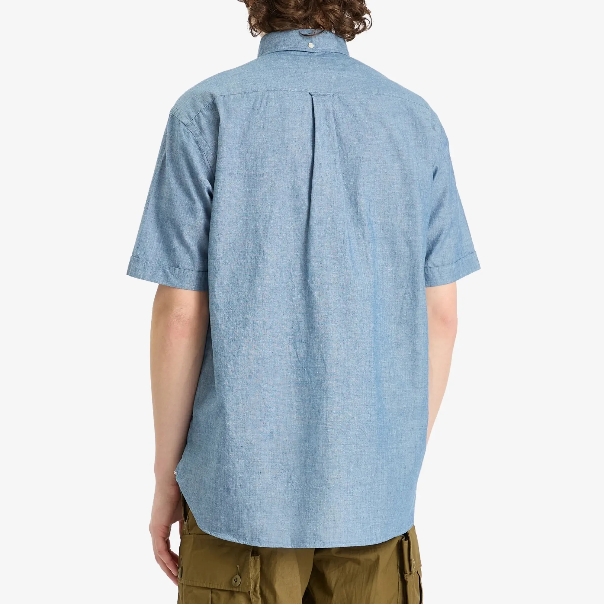 Beams Plus Men's Button Down Popover Short Sleeve Chambray Shirt Blue