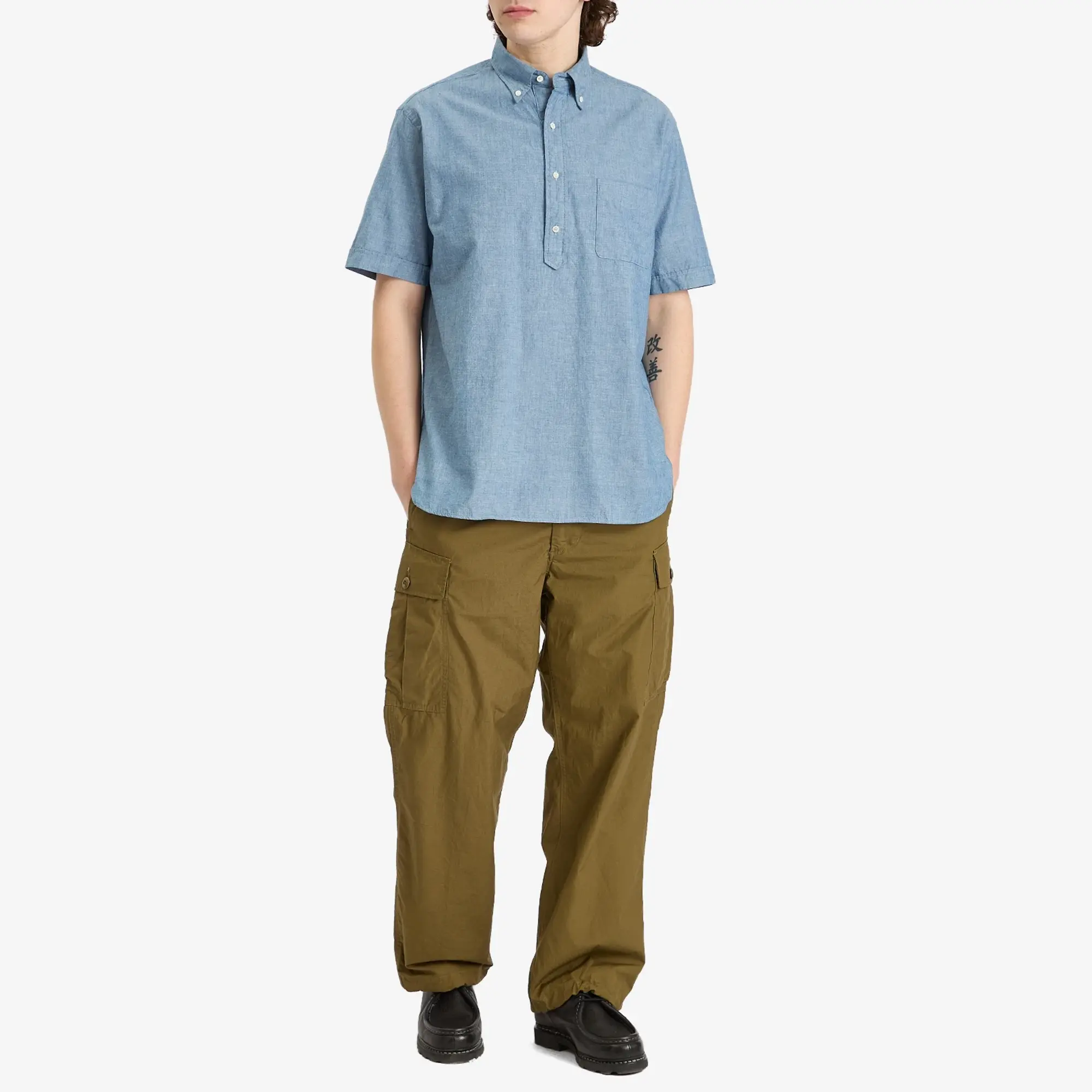 Beams Plus Men's Button Down Popover Short Sleeve Chambray Shirt Blue