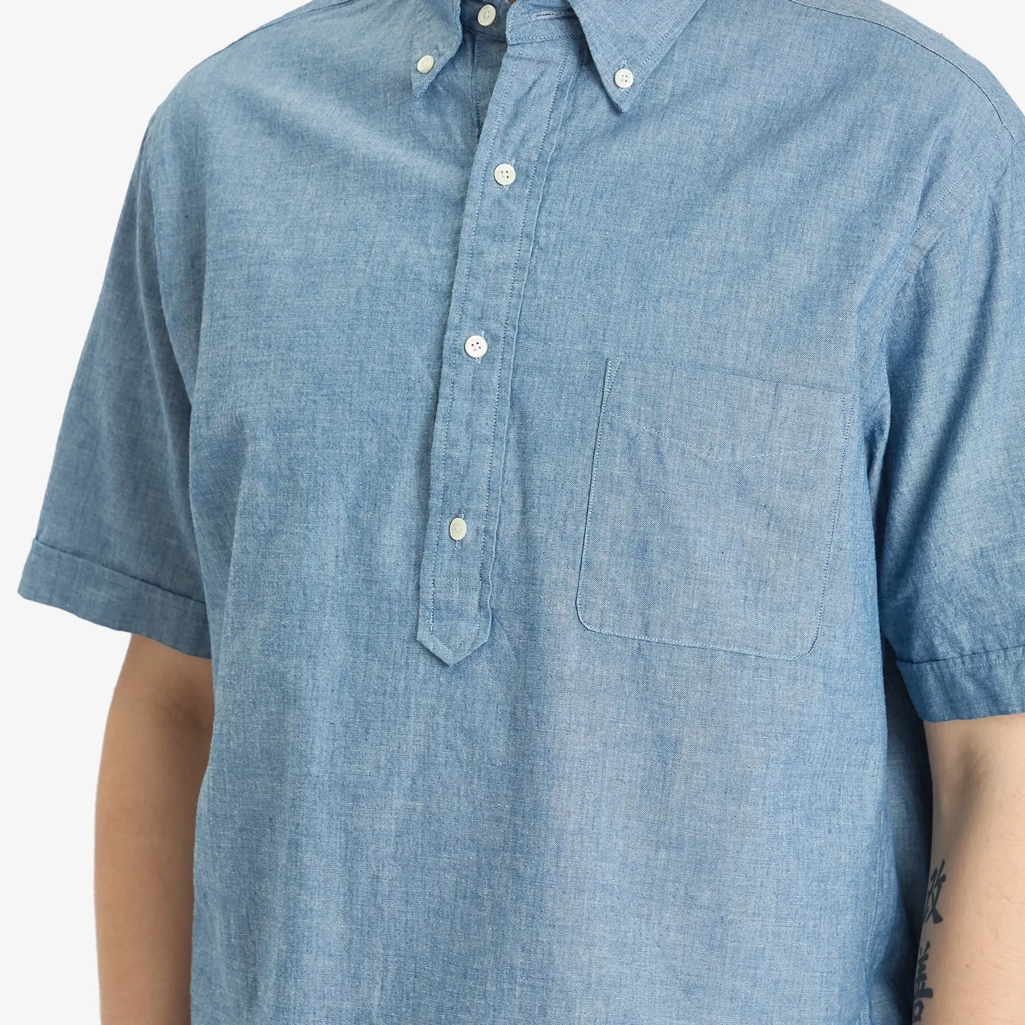 Beams Plus Men's Button Down Popover Short Sleeve Chambray Shirt Blue