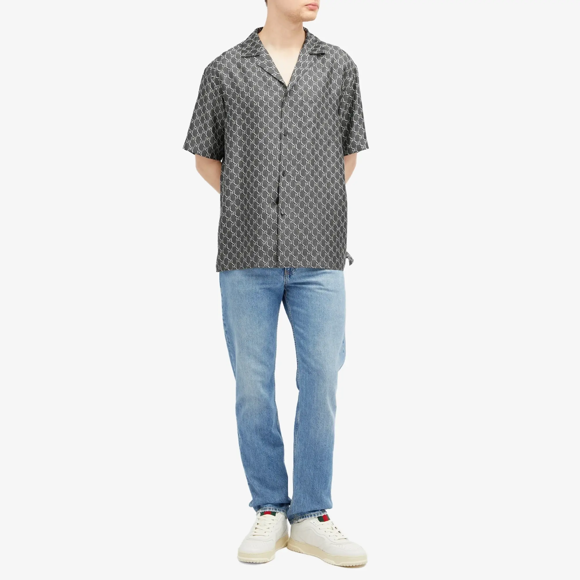 Gucci Men's Silk GG Monogram Vacation Shirt Grey